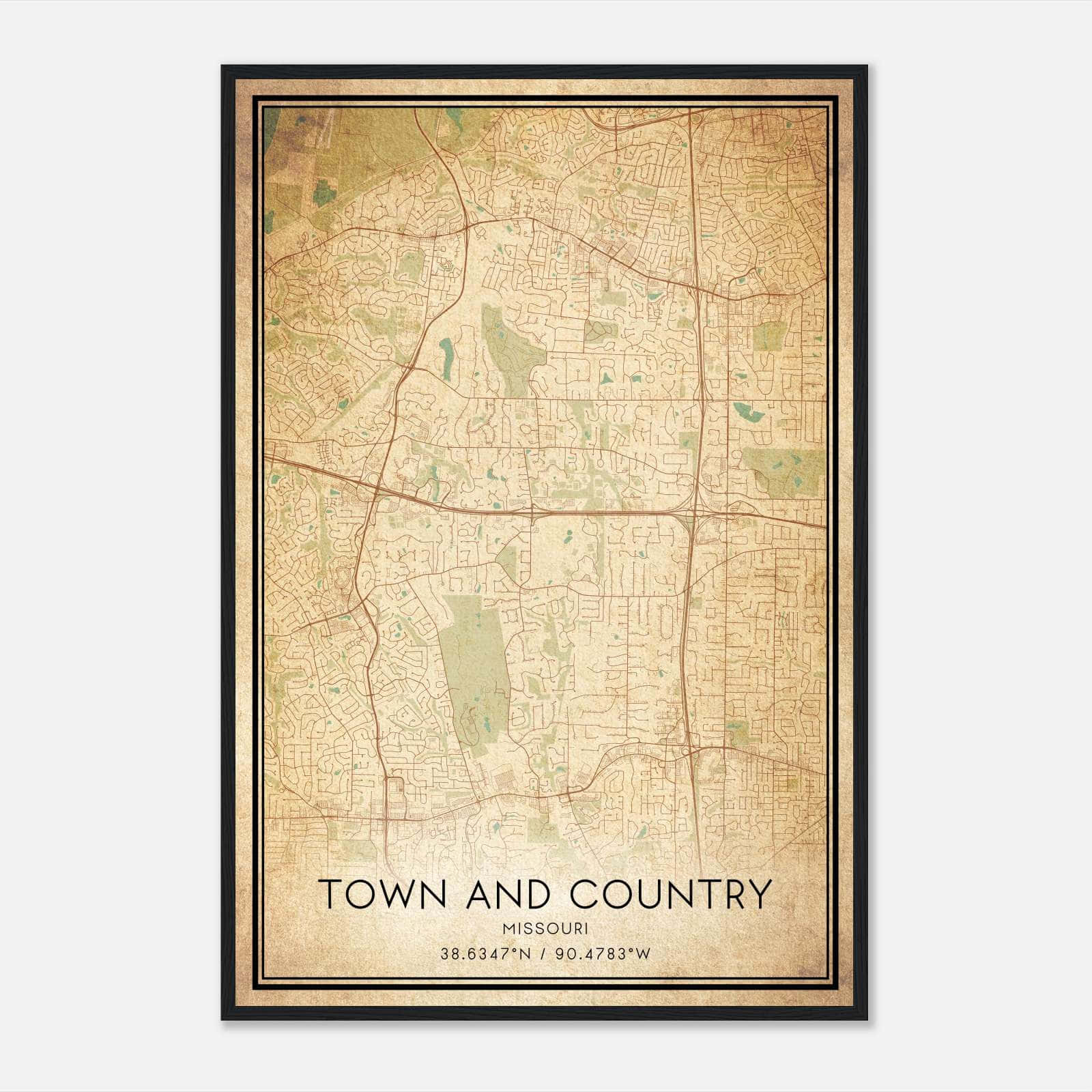 Vintage Town And Country Missouri Map Poster, Town And Country MO City Road Wall Art Print Vintage Town And Country Missouri Map Poster, Town And Country MO City Road Wall Art Print