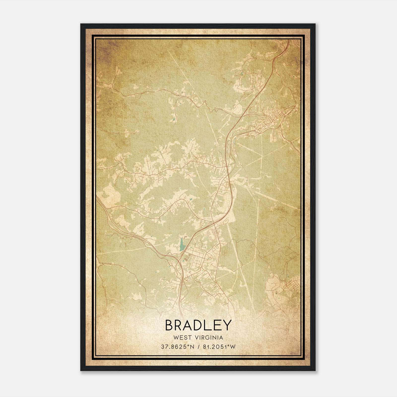 Vintage Bradley West Virginia Map Poster, Bradley WV City Road Wall Art Print Vintage Bradley West Virginia Map Poster, Bradley WV City Road Wall Art Print