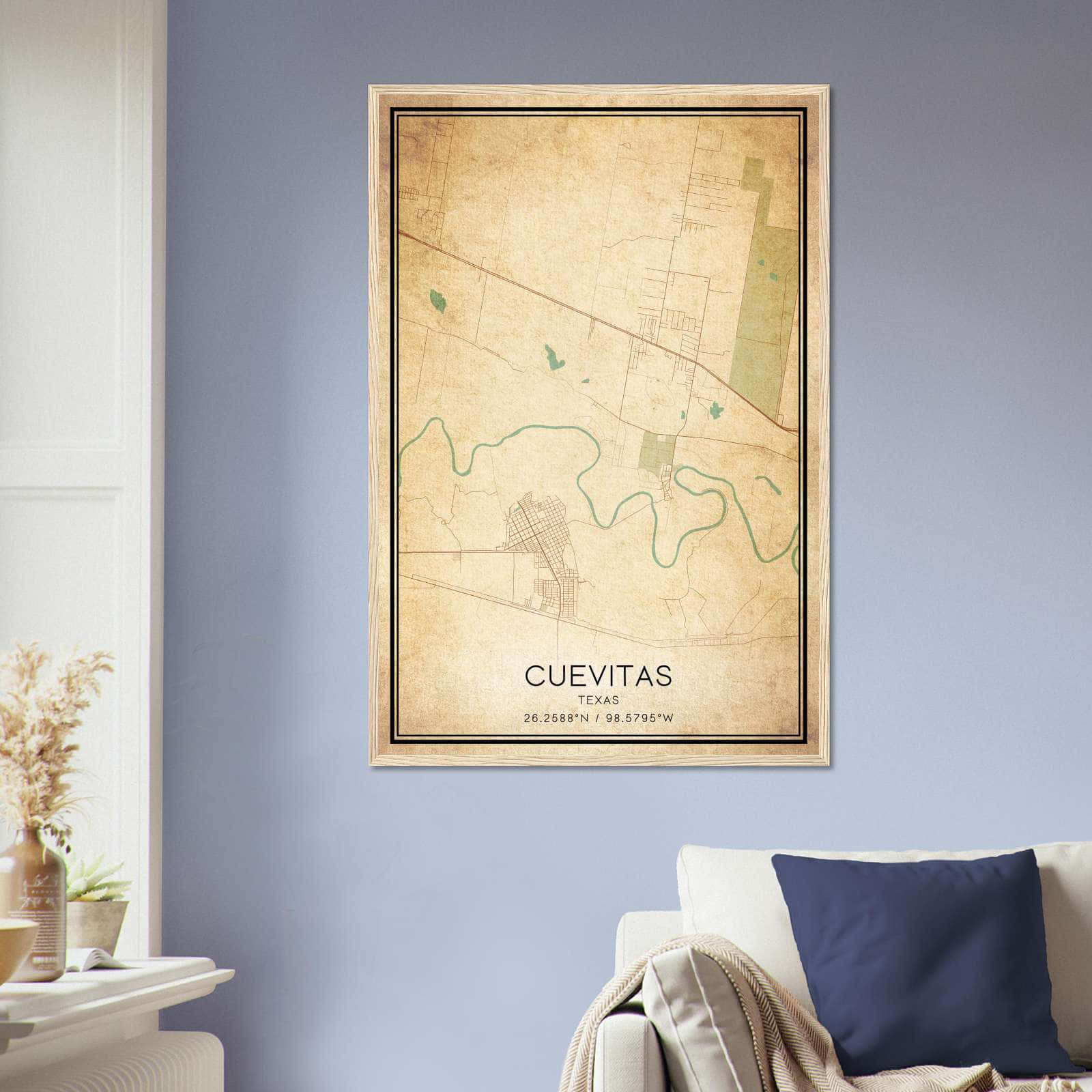 Vintage Cuevitas Texas Map Poster, Cuevitas TX City Road Wall Art Print