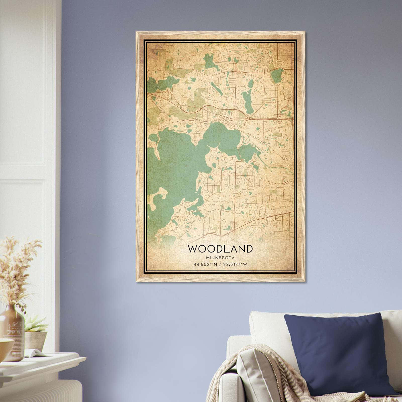 Vintage Woodland Minnesota Map Poster, Woodland MN City Road Wall Art Print