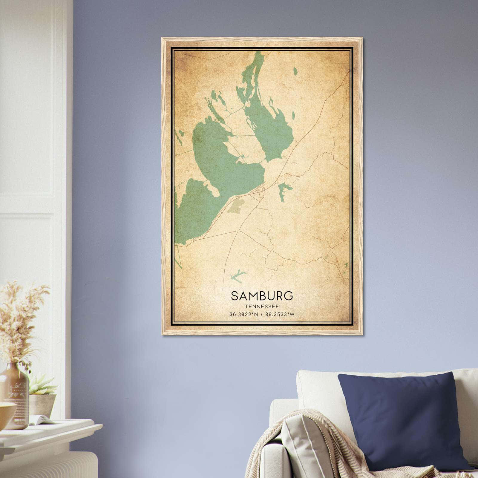 Vintage Samburg Tennessee Map Poster, Samburg TN City Road Wall Art Print