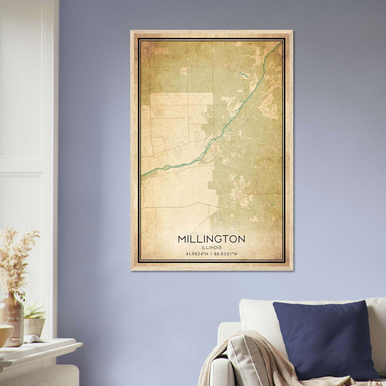 Vintage Millington Illinois Map Poster, Millington IL City Road Wall Art Print
