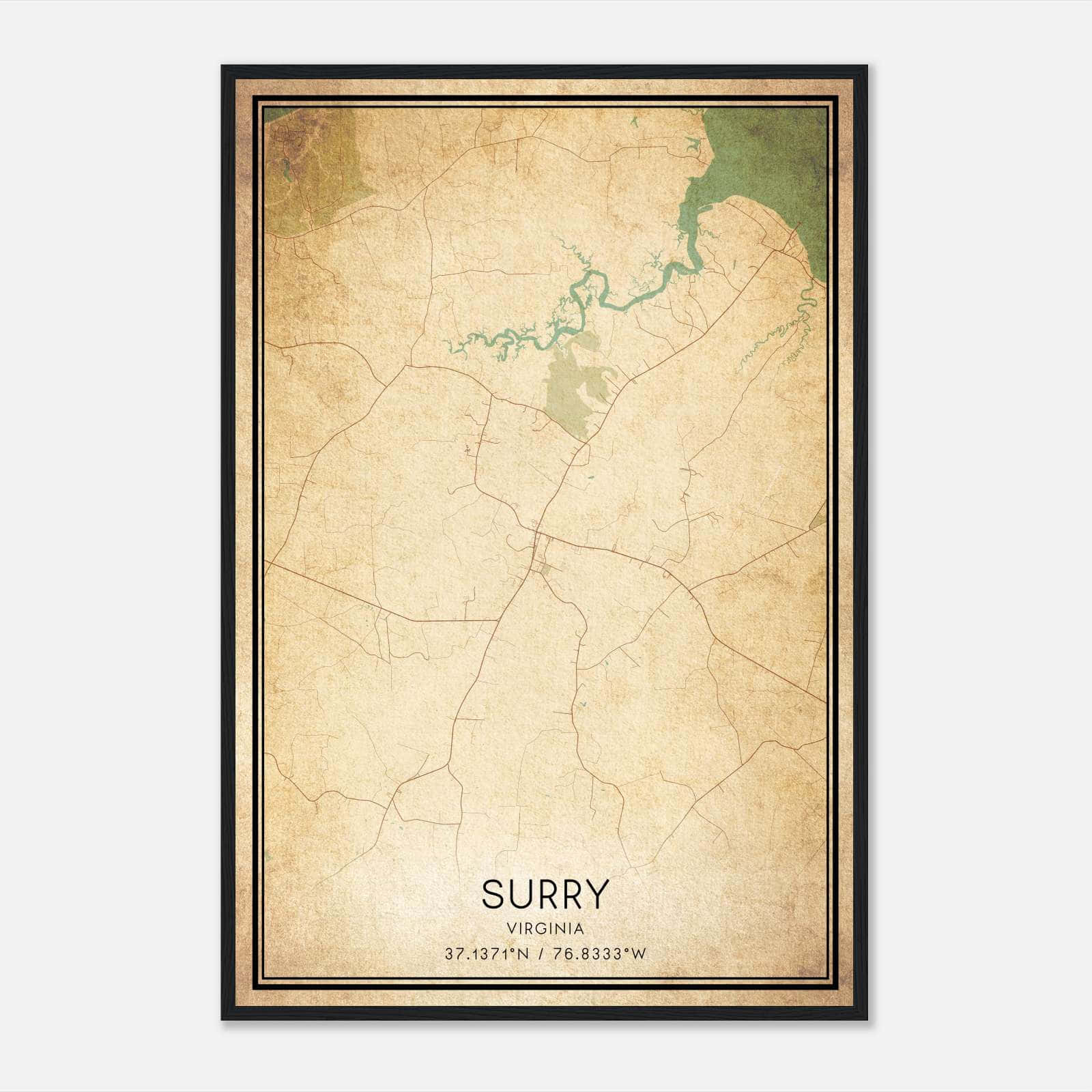 Vintage Surry Virginia Map Poster, Surry VA City Road Wall Art Print Vintage Surry Virginia Map Poster, Surry VA City Road Wall Art Print