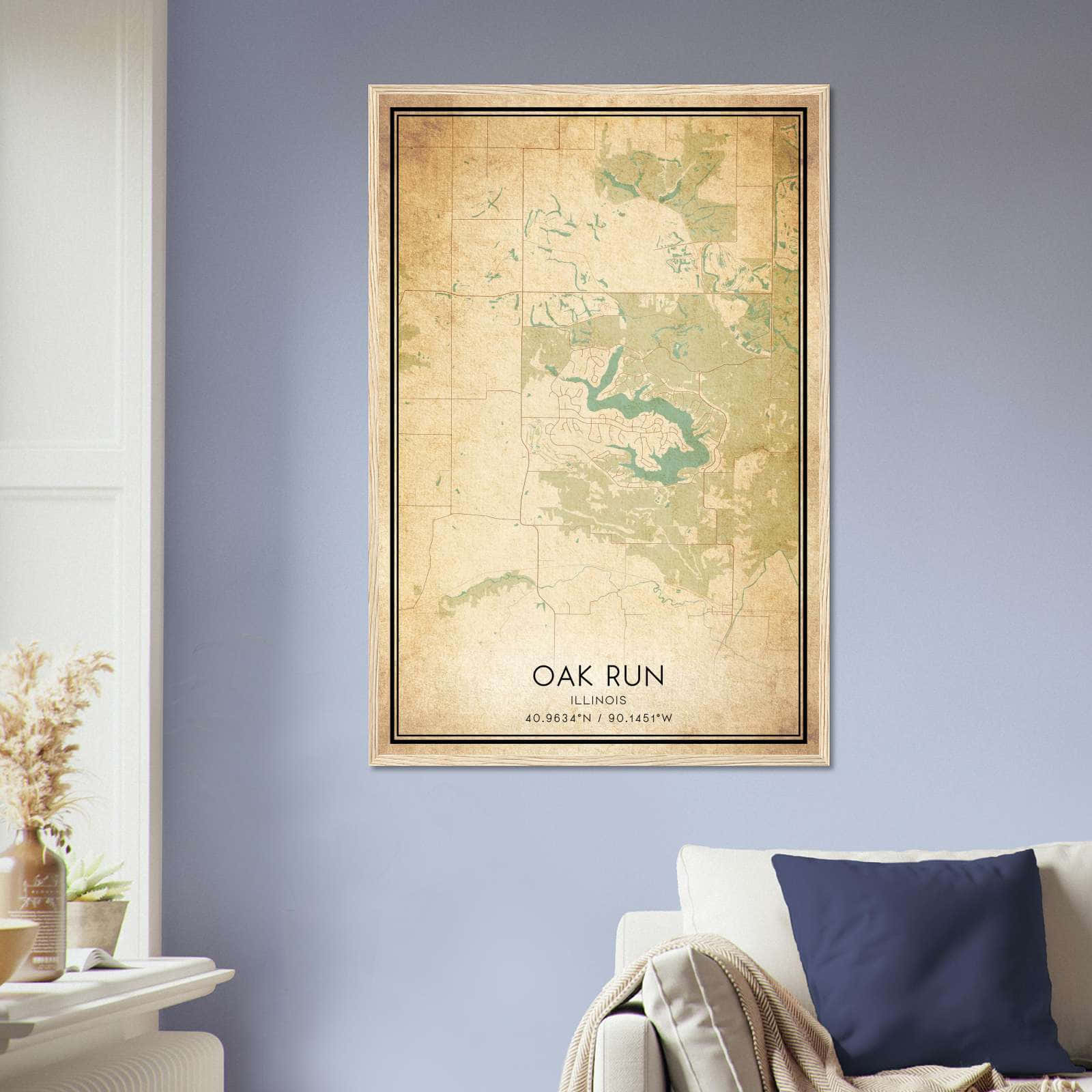 Vintage Oak Run Illinois Map Poster, Oak Run IL City Road Wall Art Print