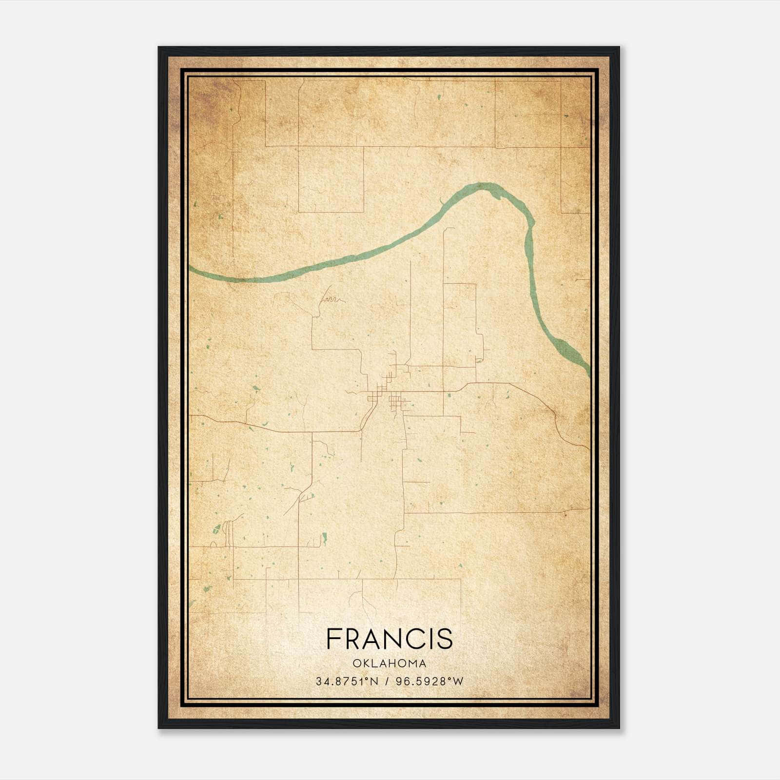 Vintage Francis Oklahoma Map Poster, Francis OK City Road Wall Art Print Vintage Francis Oklahoma Map Poster, Francis OK City Road Wall Art Print