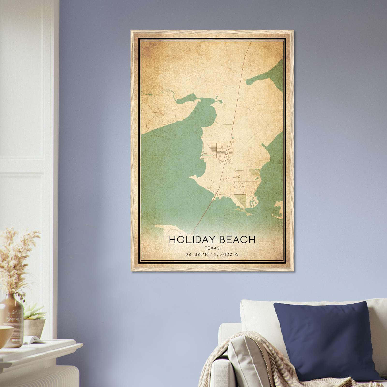 Vintage Holiday Beach Texas Map Poster, Holiday Beach TX City Road Wall Art Print