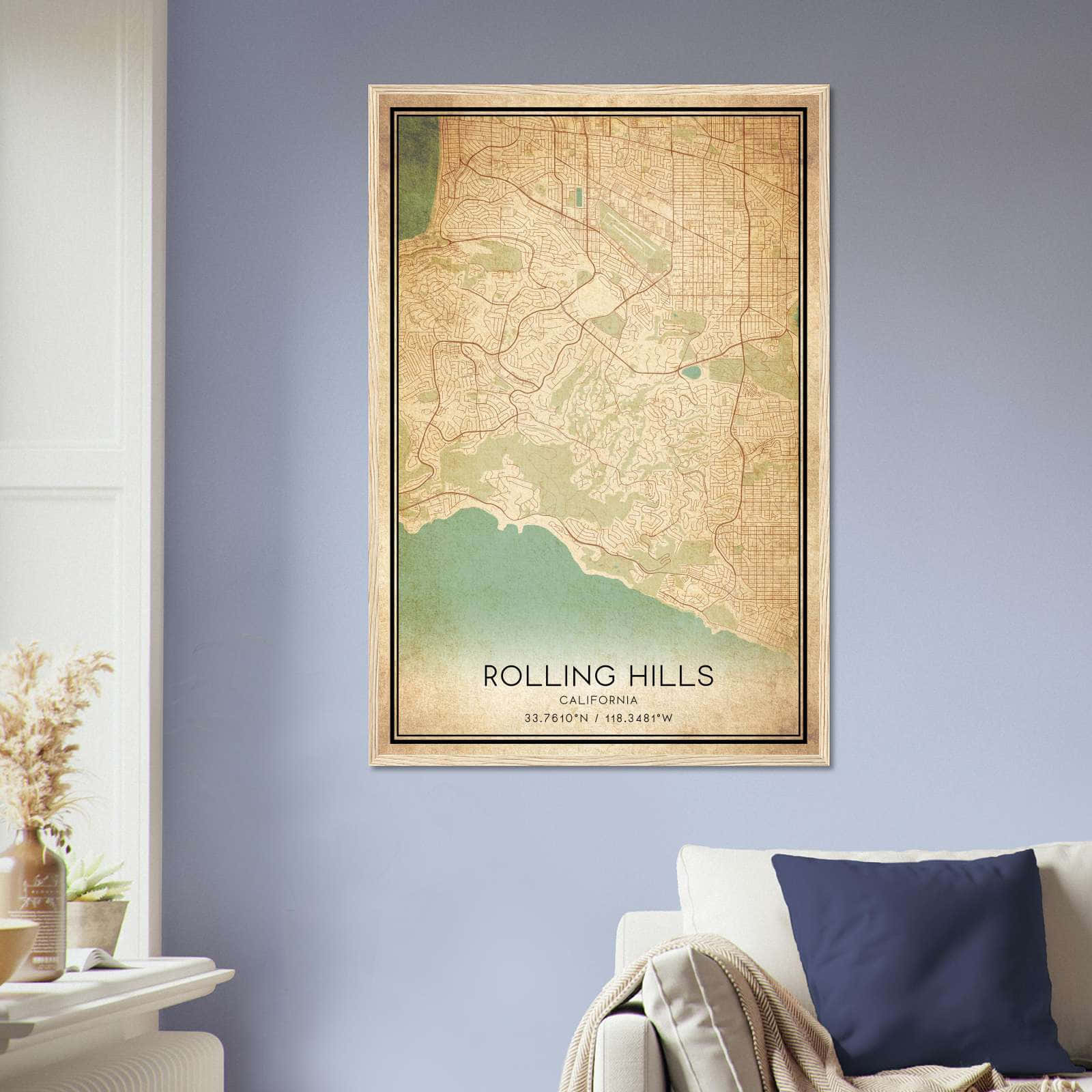 Vintage Rolling Hills California Map Poster, Rolling Hills CA City Road Wall Art Print