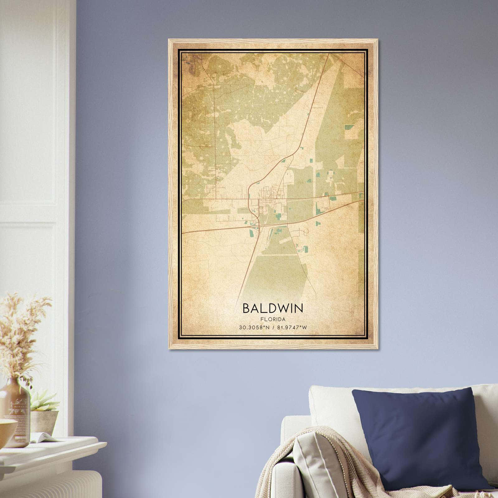 Vintage Baldwin Florida Map Poster, Baldwin FL City Road Wall Art Print