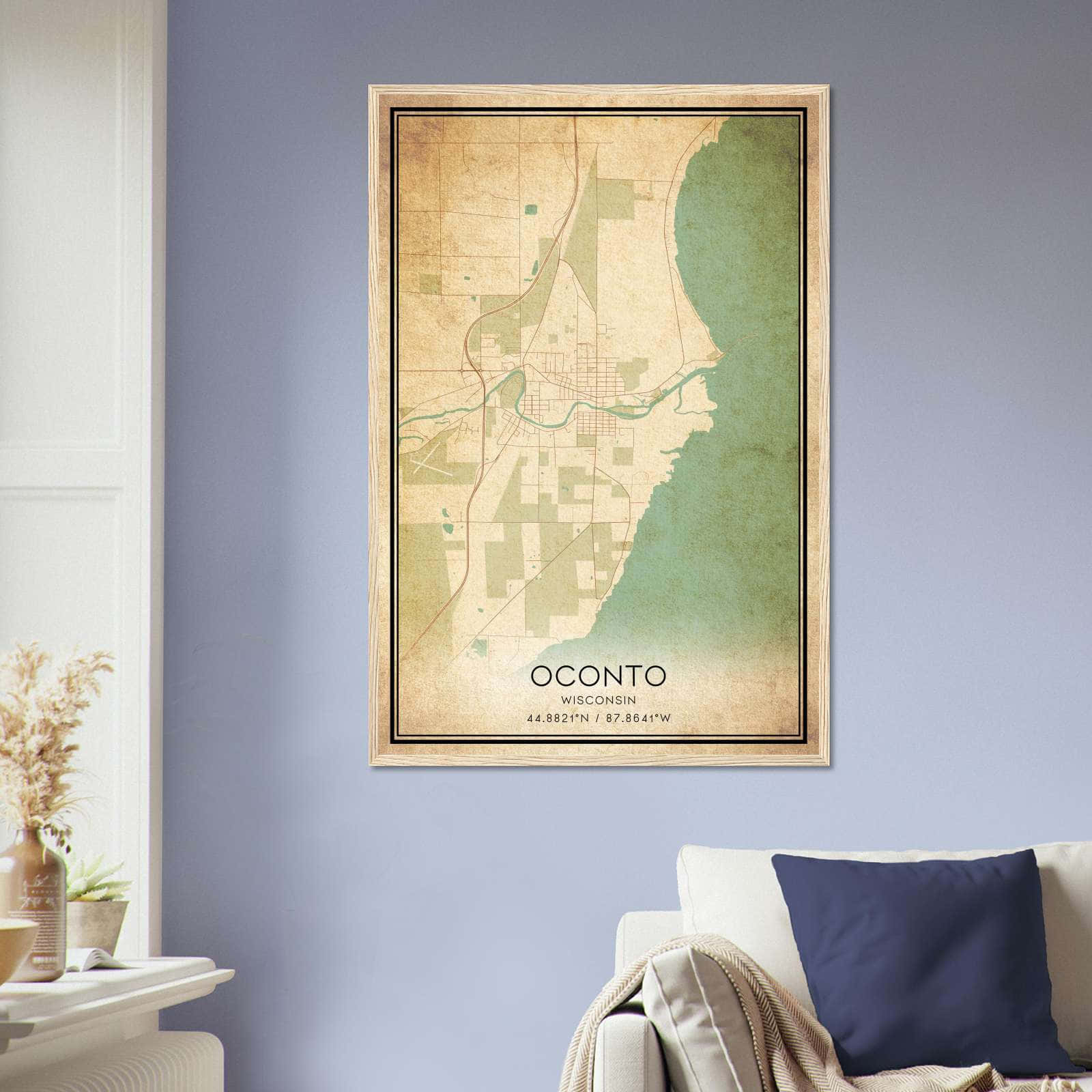 Vintage Oconto Wisconsin Map Poster, Oconto WI City Road Wall Art Print