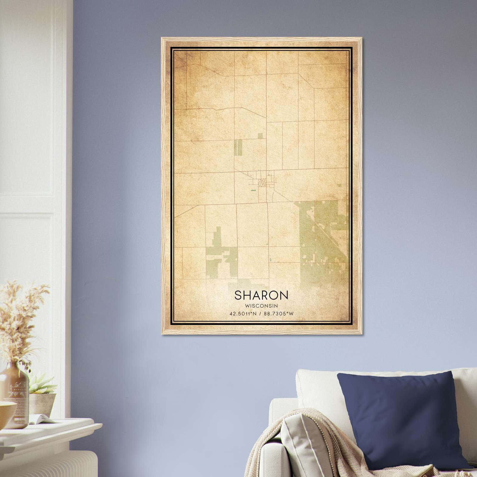 Vintage Sharon Wisconsin Map Poster, Sharon WI City Road Wall Art Print