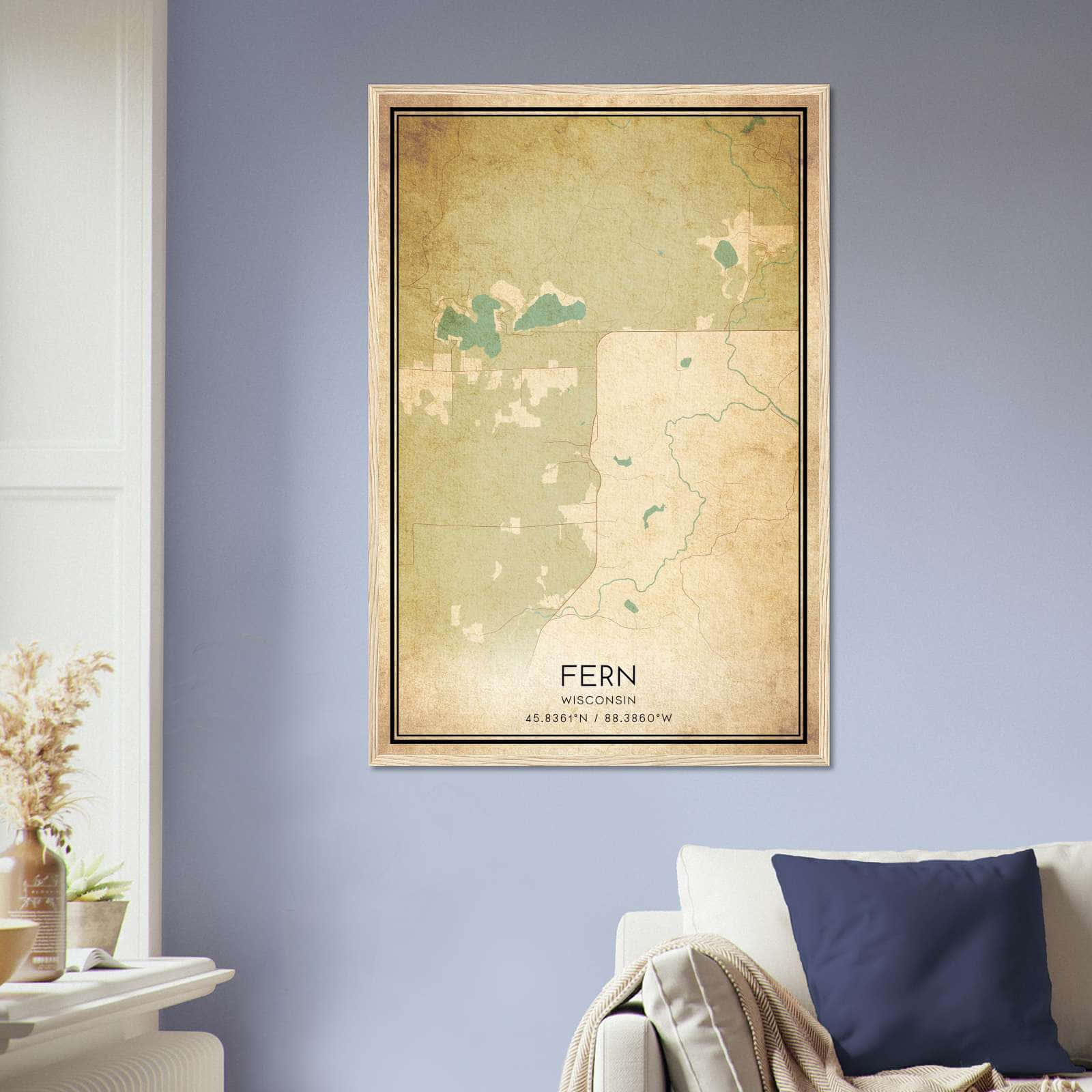 Vintage Fern Wisconsin Map Poster, Fern WI City Road Wall Art Print
