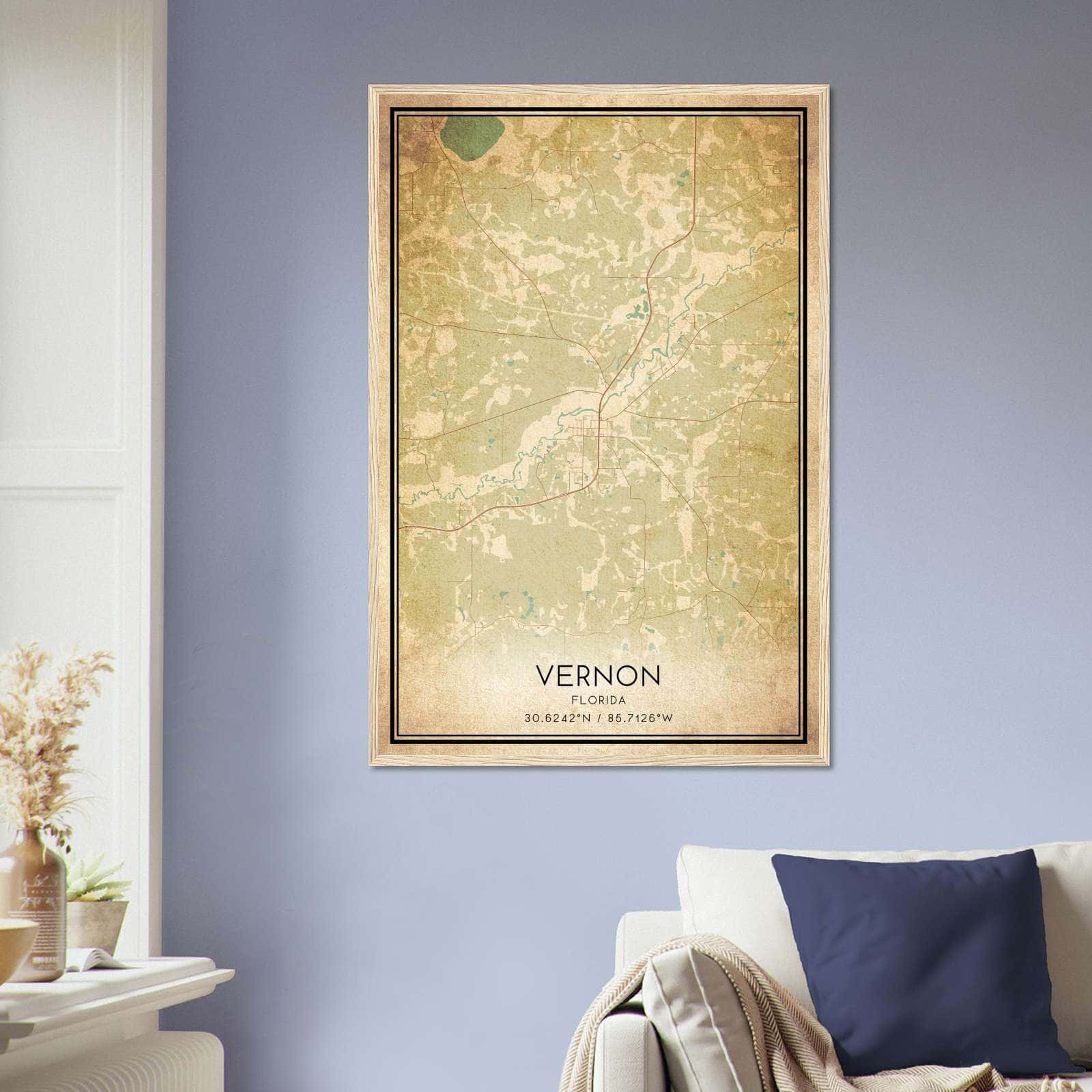 Vintage Vernon Florida Map Poster, Vernon FL City Road Wall Art Print