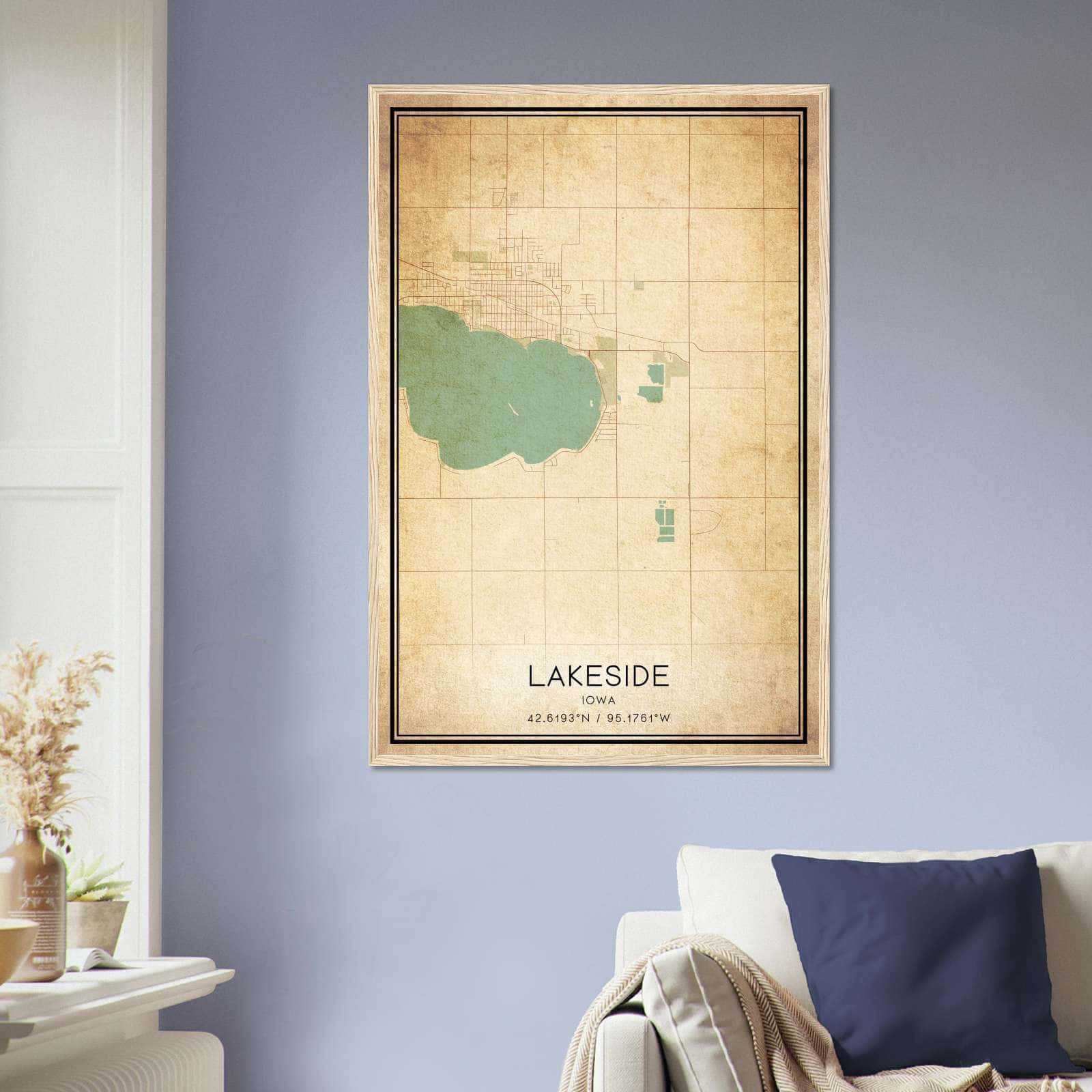 Vintage Lakeside Iowa Map Poster, Lakeside IA City Road Wall Art Print