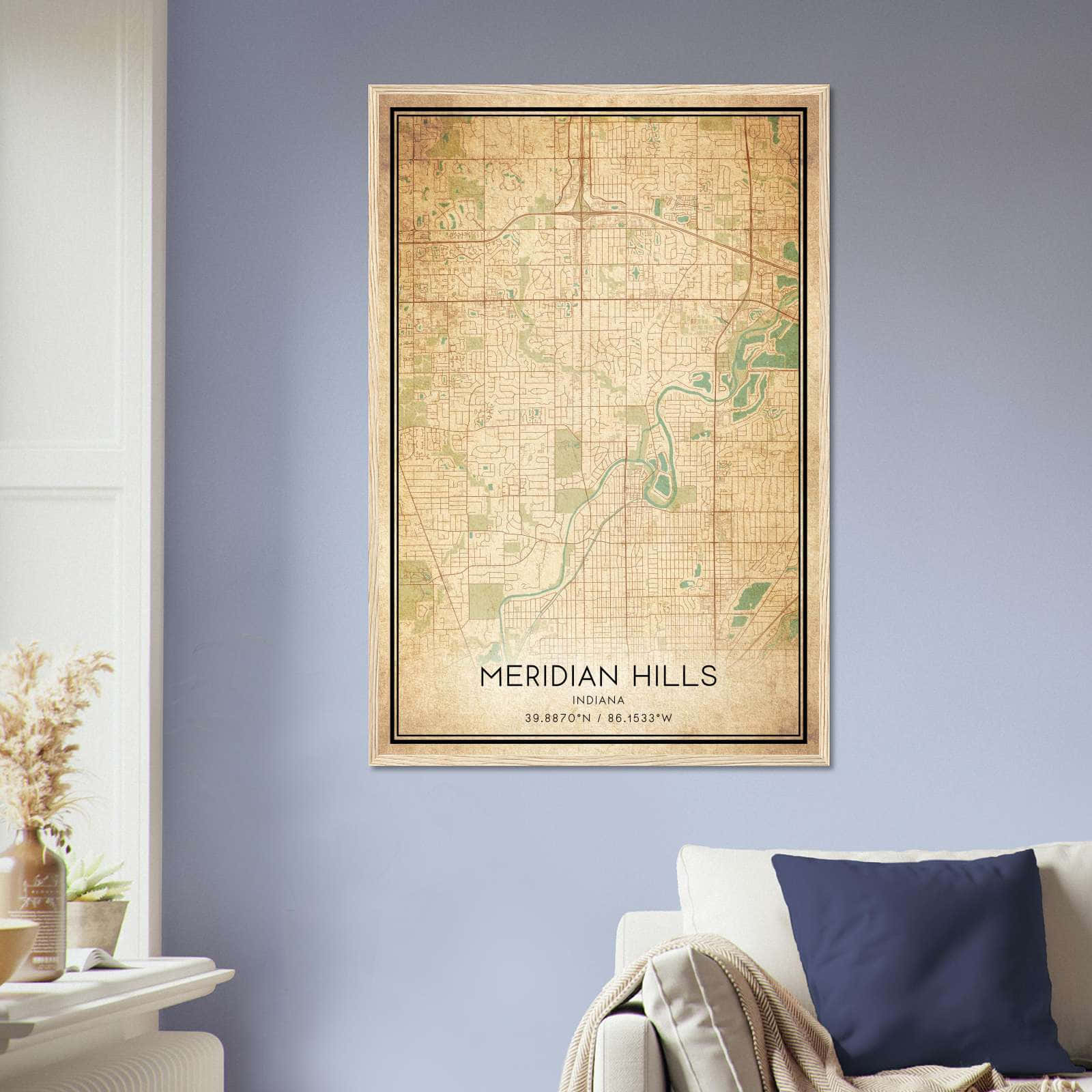 Vintage Meridian Hills Indiana Map Poster, Meridian Hills IN City Road Wall Art Print