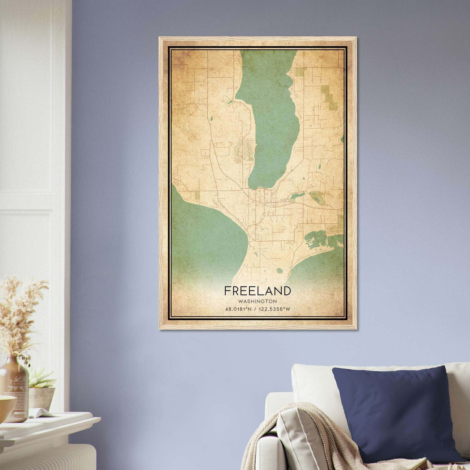 Vintage Freeland Washington Map Poster, Freeland WA City Road Wall Art Print