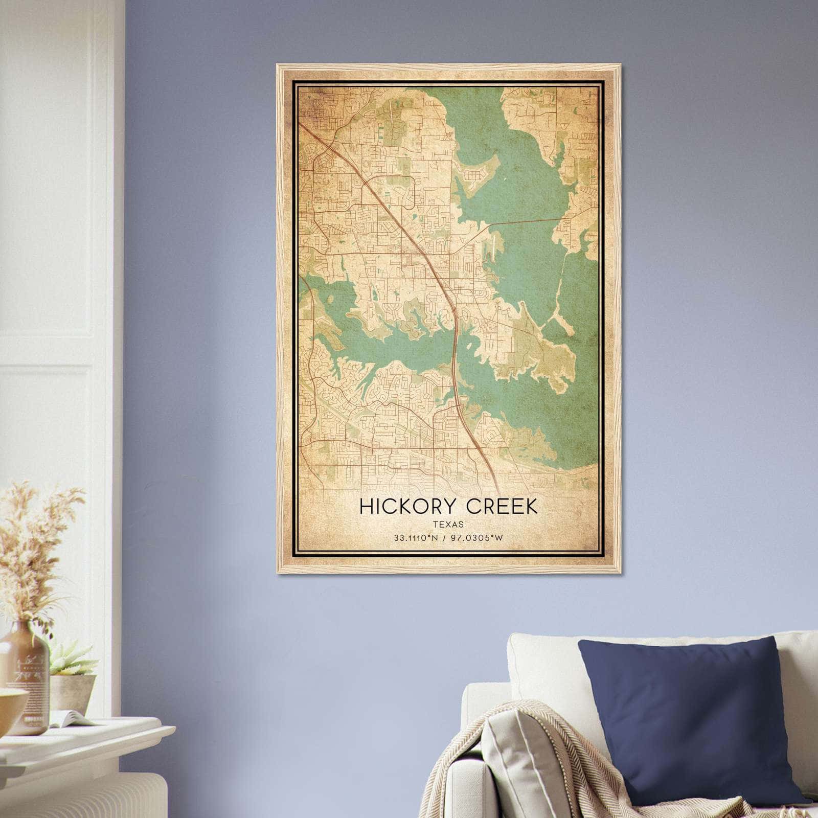 Vintage Hickory Creek Texas Map Poster, Hickory Creek TX City Road Wall Art Print