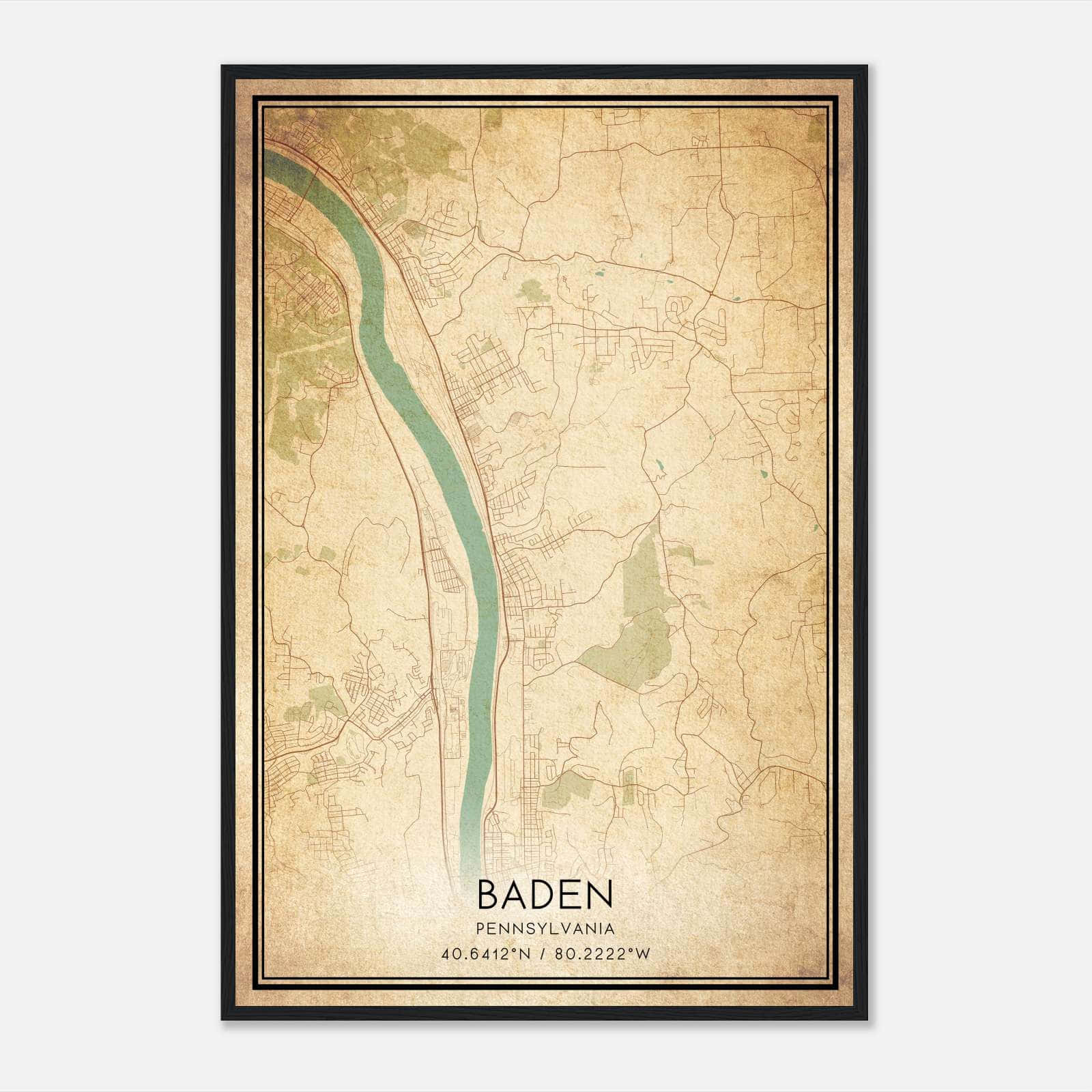 Vintage Baden Pennsylvania Map Poster, Baden PA City Road Wall Art Print Vintage Baden Pennsylvania Map Poster, Baden PA City Road Wall Art Print