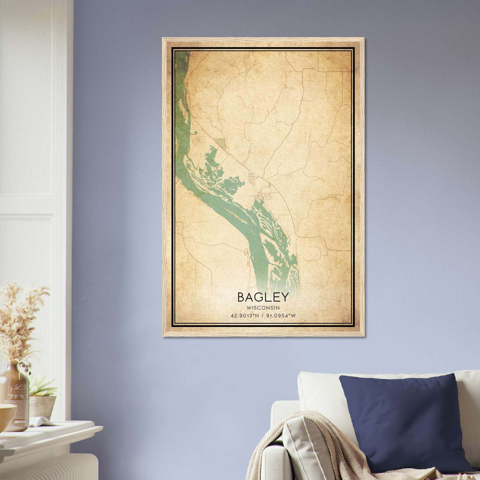 Vintage Bagley Wisconsin Map Poster, Bagley WI City Road Wall Art Print