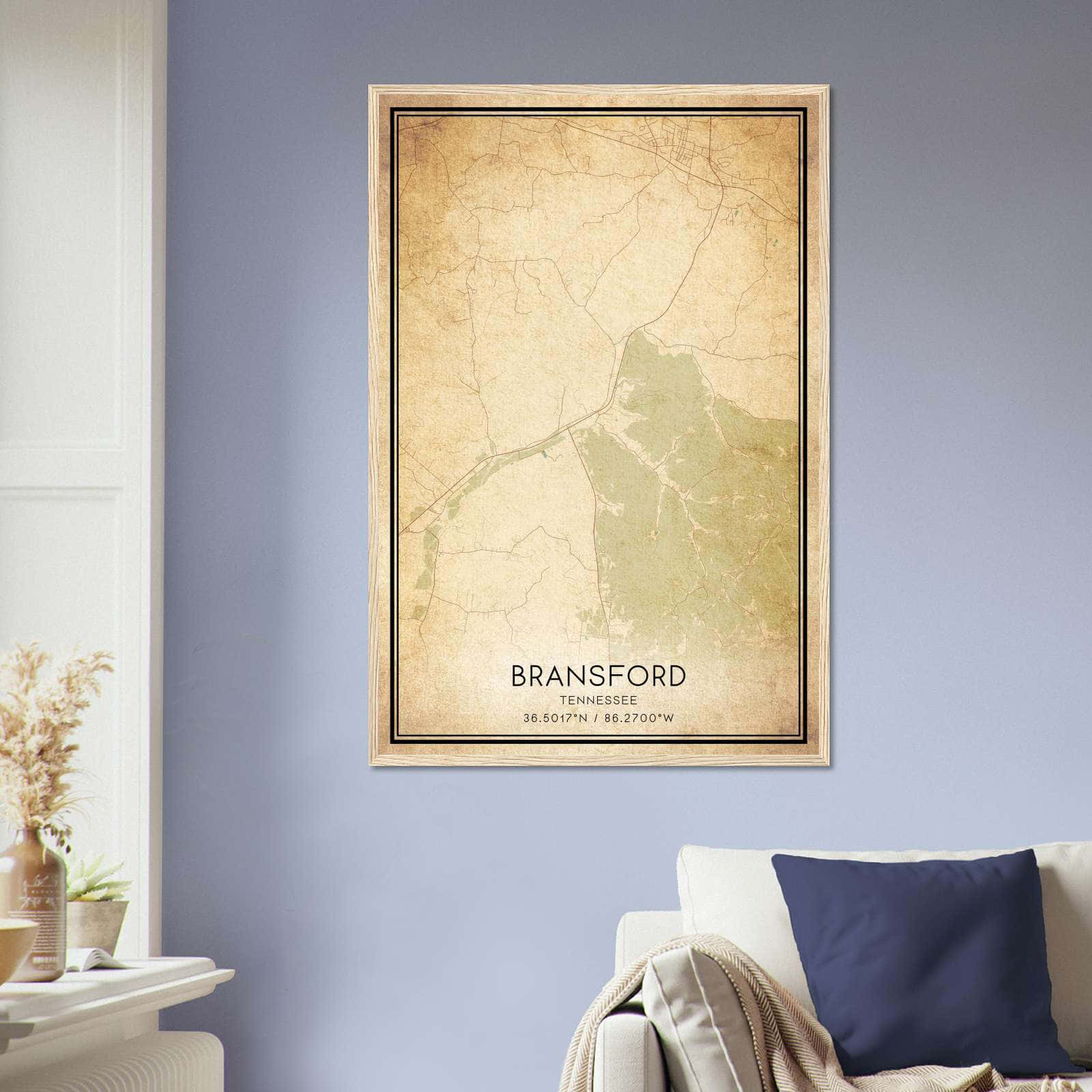 Vintage Bransford Tennessee Map Poster, Bransford TN City Road Wall Art Print