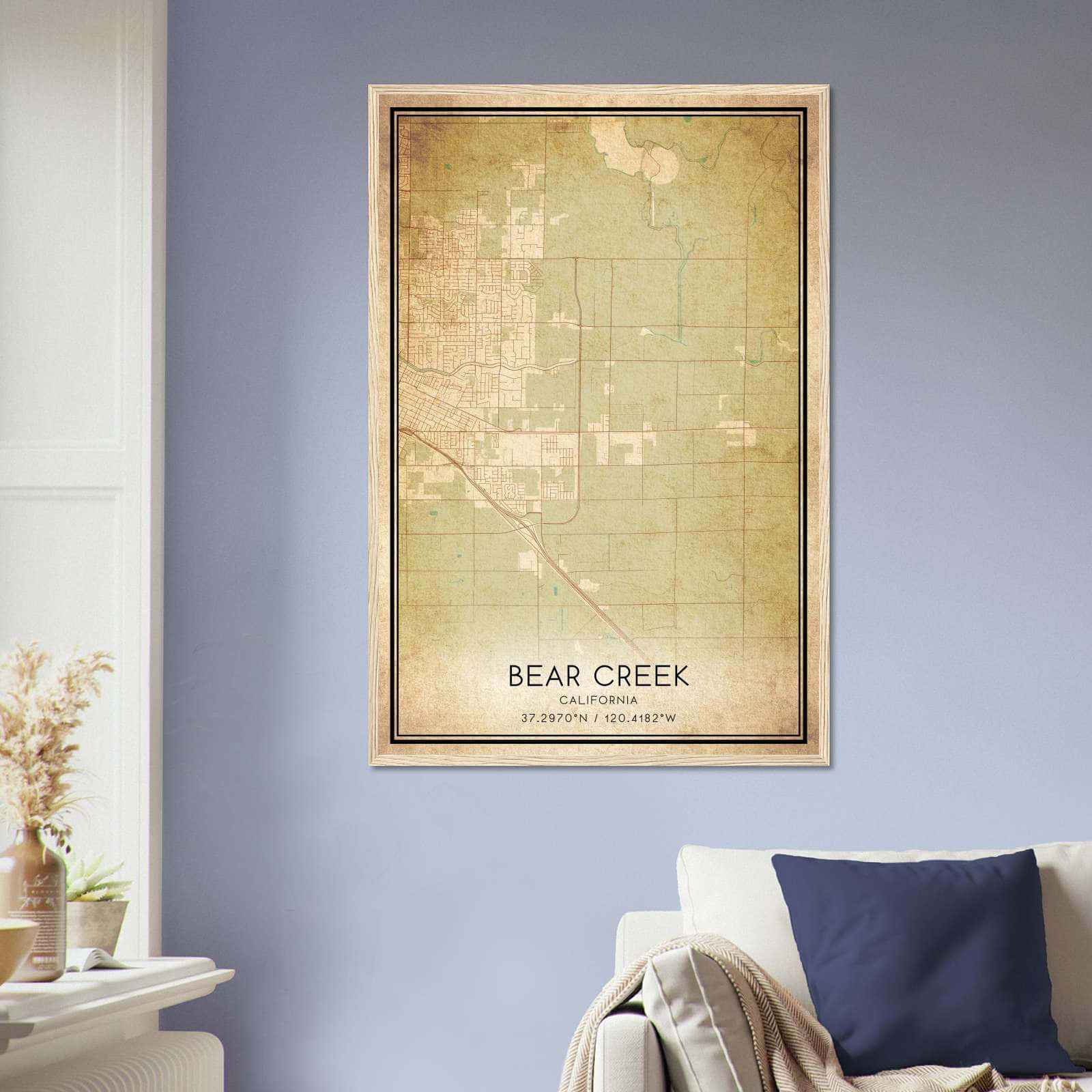 Vintage Bear Creek California Map Poster, Bear Creek CA City Road Wall Art Print