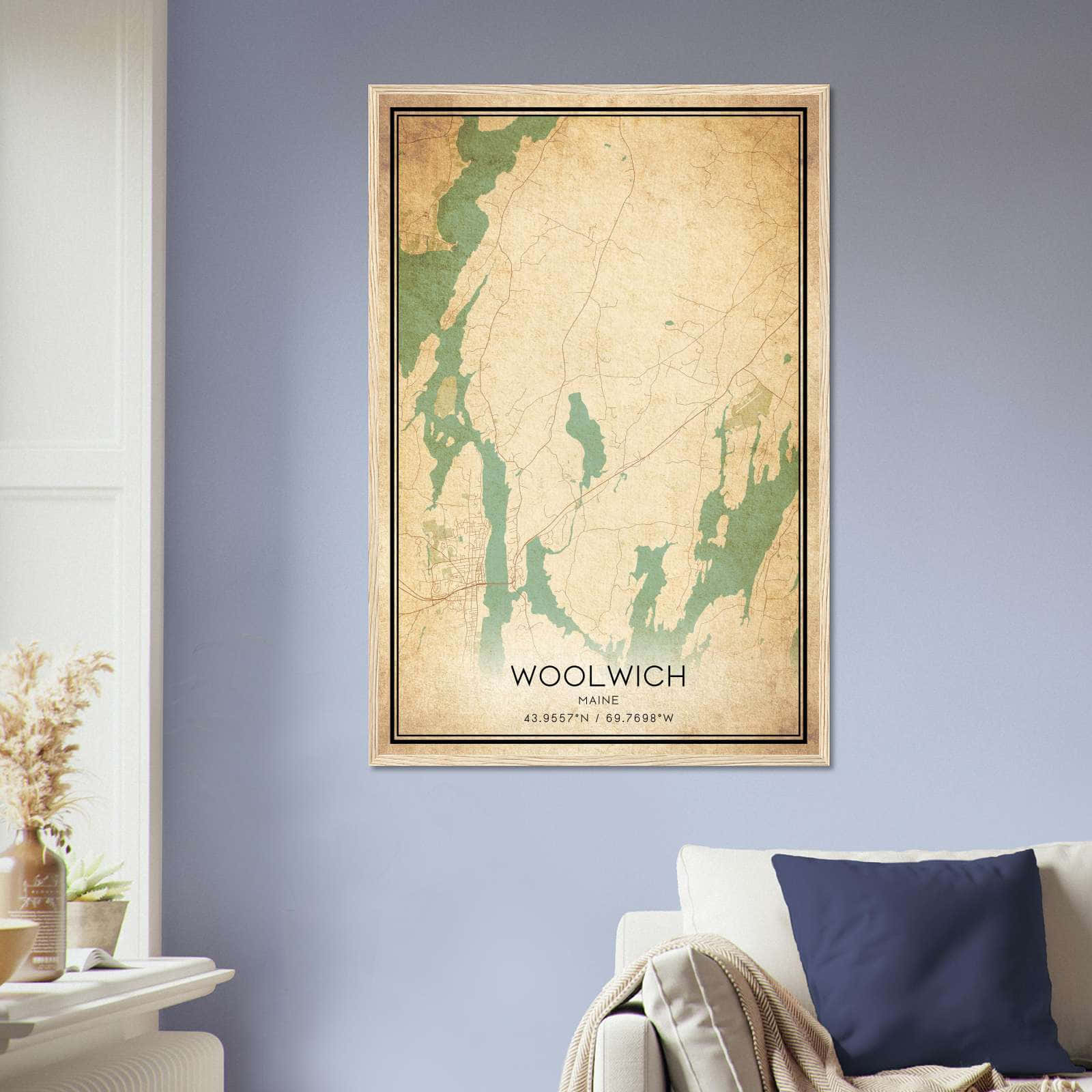 Vintage Woolwich Maine Map Poster, Woolwich ME City Road Wall Art Print