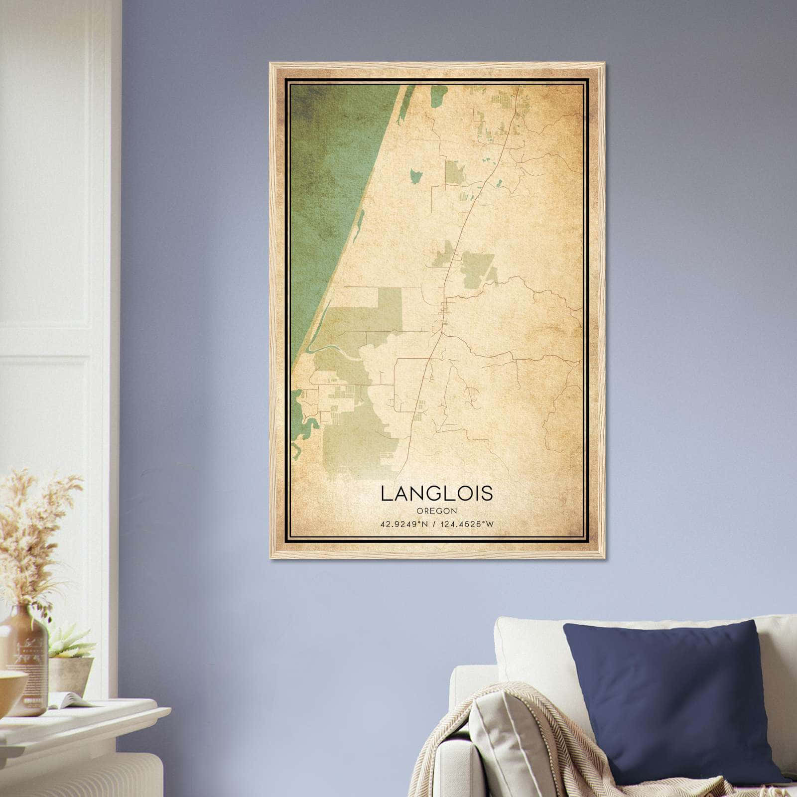 Vintage Langlois Oregon Map Poster, Langlois OR City Road Wall Art Print
