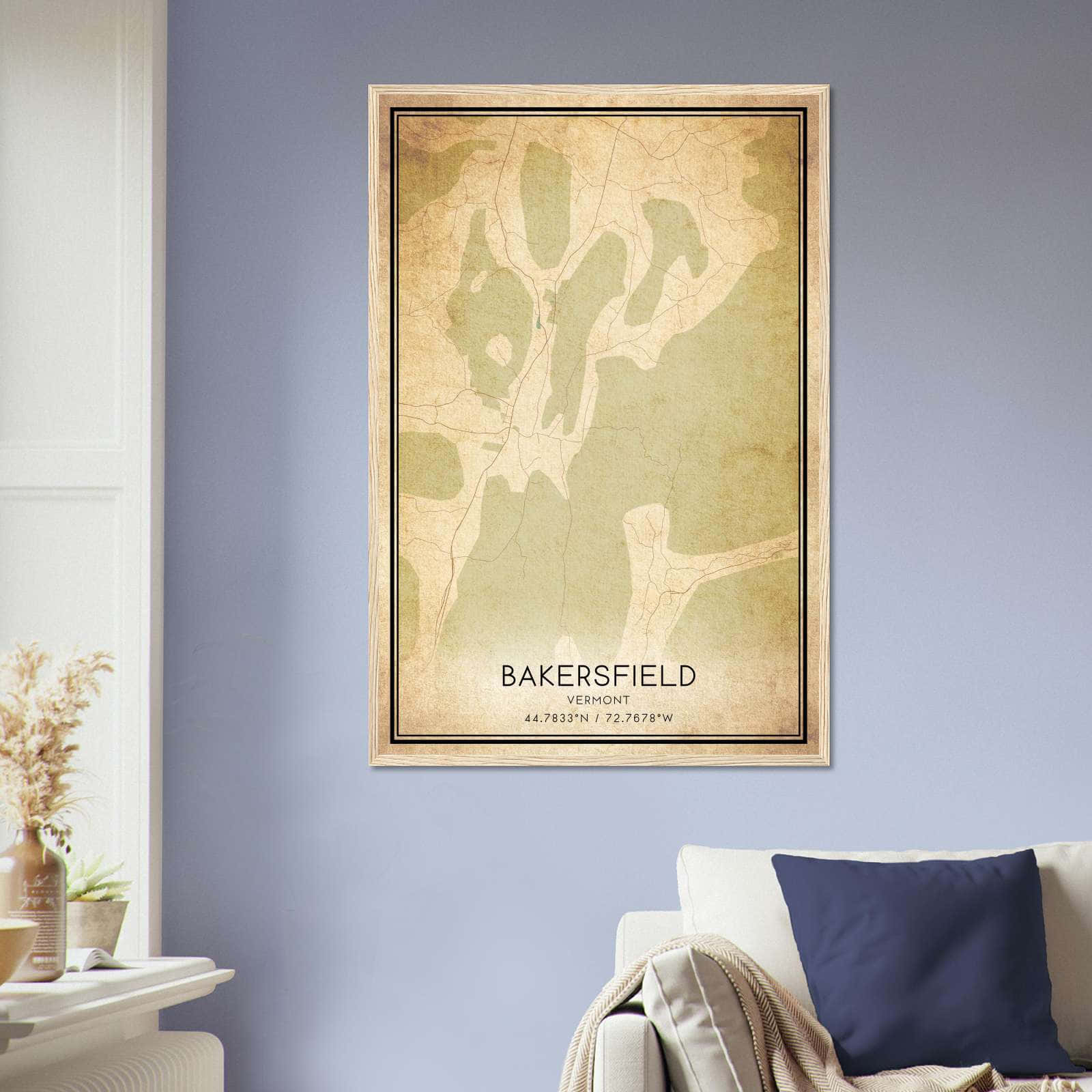 Vintage Bakersfield Vermont Map Poster, Bakersfield VT City Road Wall Art Print