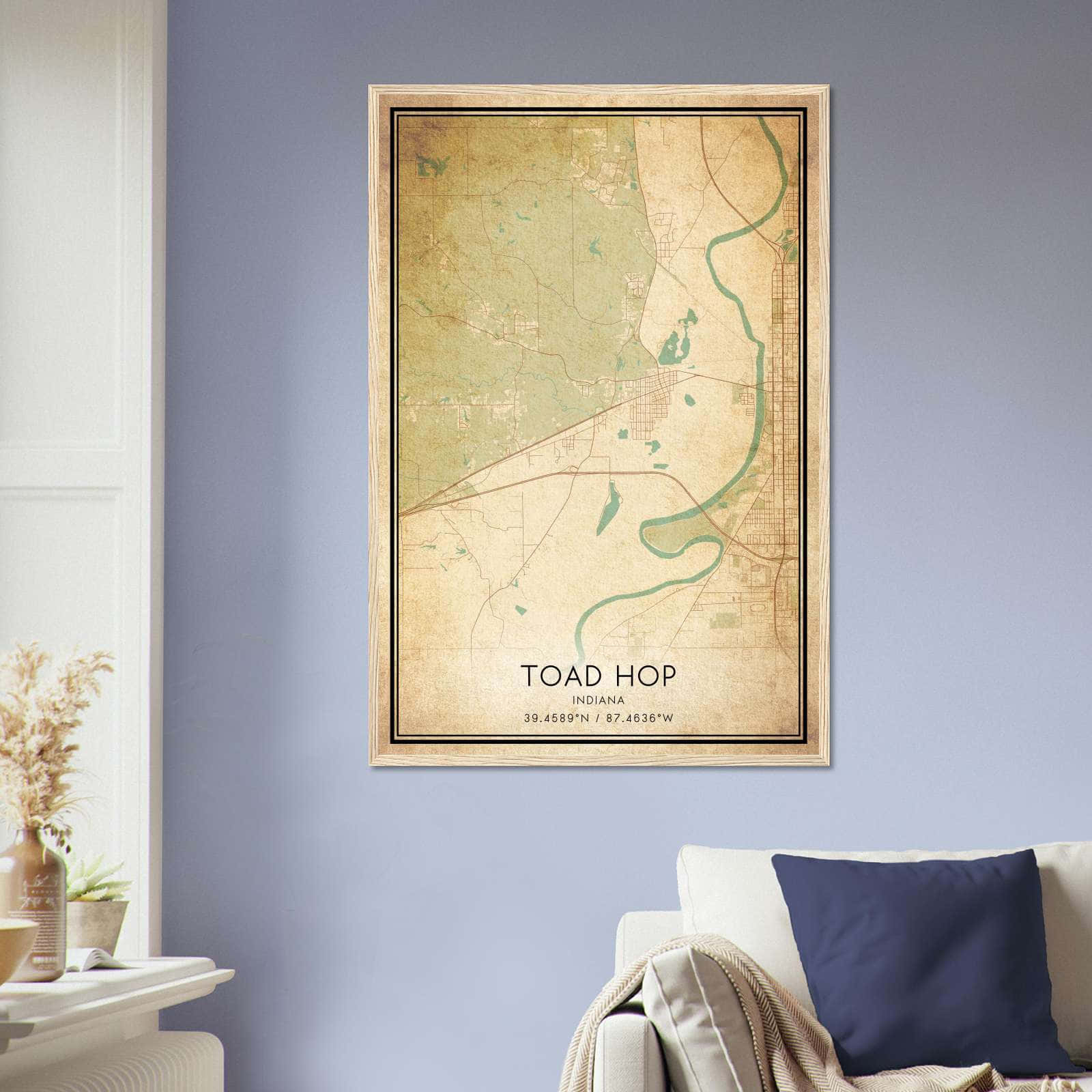 Vintage Toad Hop Indiana Map Poster, Toad Hop IN City Road Wall Art Print