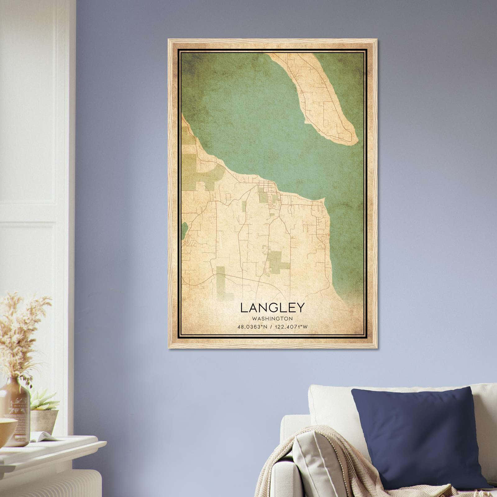 Vintage Langley Washington Map Poster, Langley WA City Road Wall Art Print