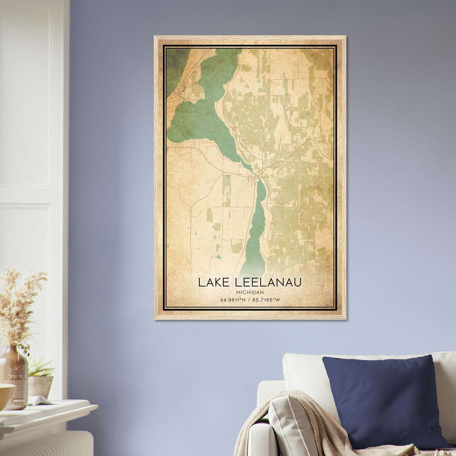 Vintage Lake Leelanau Michigan Map Poster, Lake Leelanau MI City Road Wall Art Print