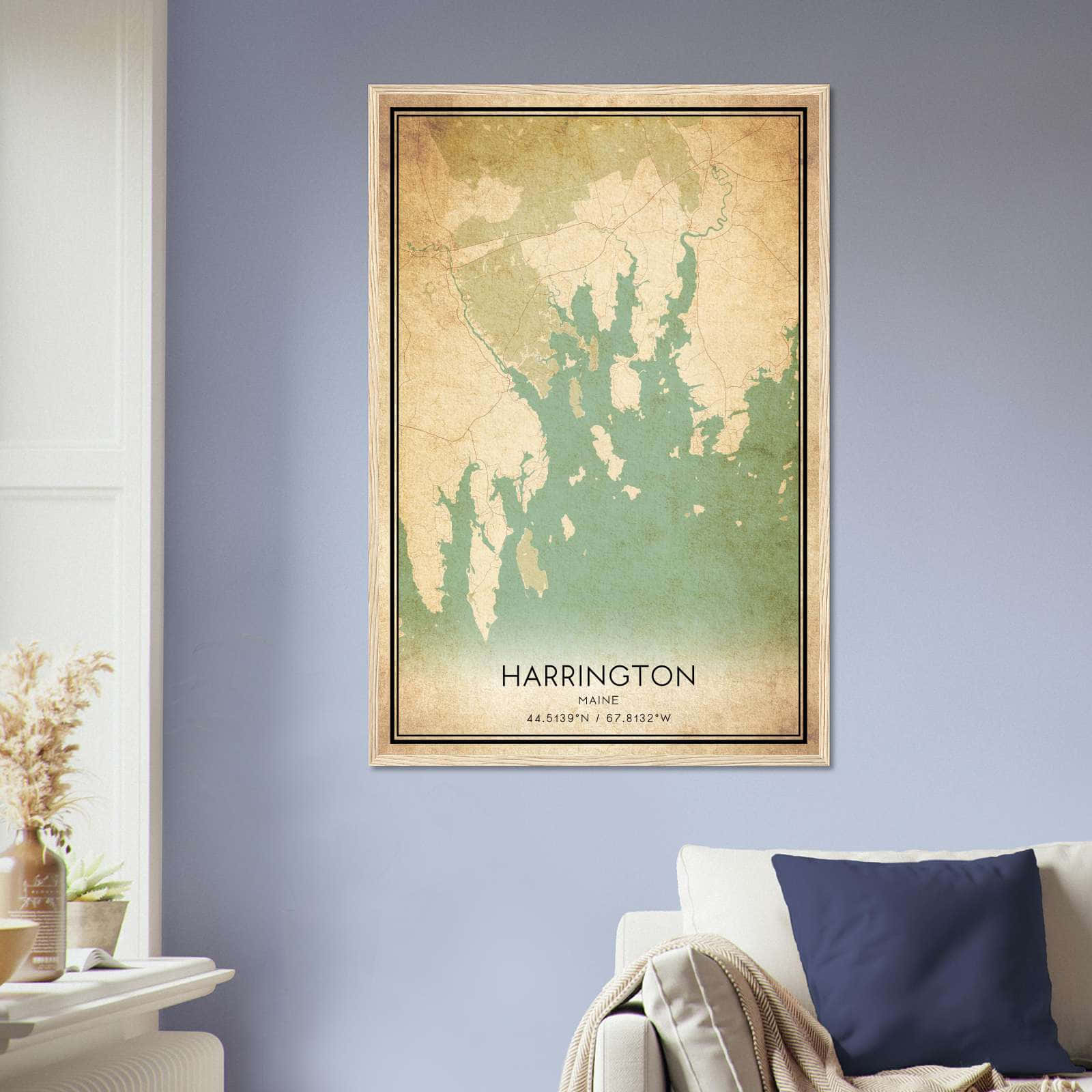 Vintage Harrington Maine Map Poster, Harrington ME City Road Wall Art Print