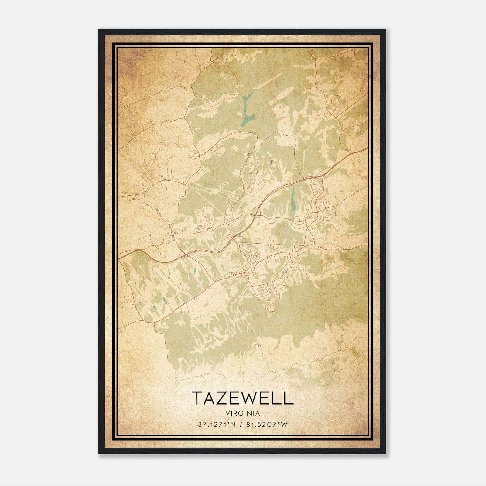 Vintage Tazewell Virginia Map Poster, Tazewell VA City Road Wall Art Print Vintage Tazewell Virginia Map Poster, Tazewell VA City Road Wall Art Print