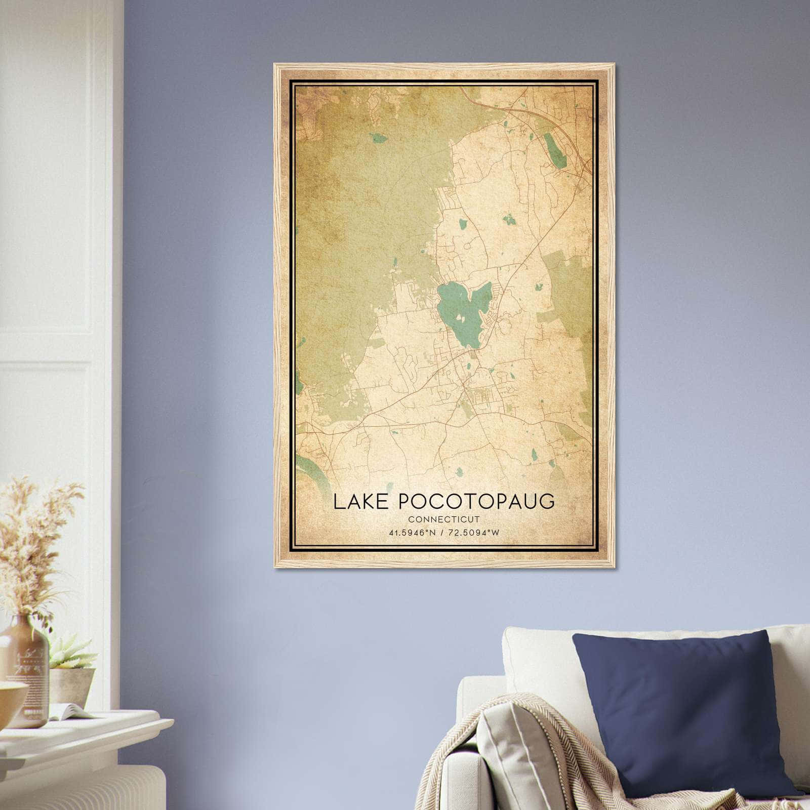 Vintage Lake Pocotopaug Connecticut Map Poster, Lake Pocotopaug CT City Road Wall Art Print