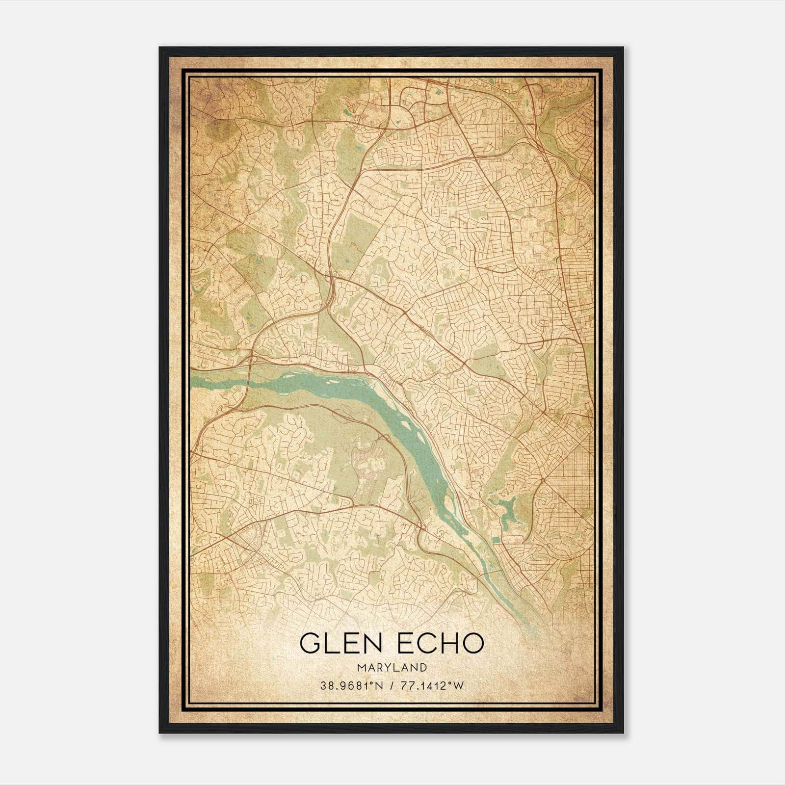 Vintage Glen Echo Maryland Map Poster, Glen Echo MD City Road Wall Art Print Vintage Glen Echo Maryland Map Poster, Glen Echo MD City Road Wall Art Print