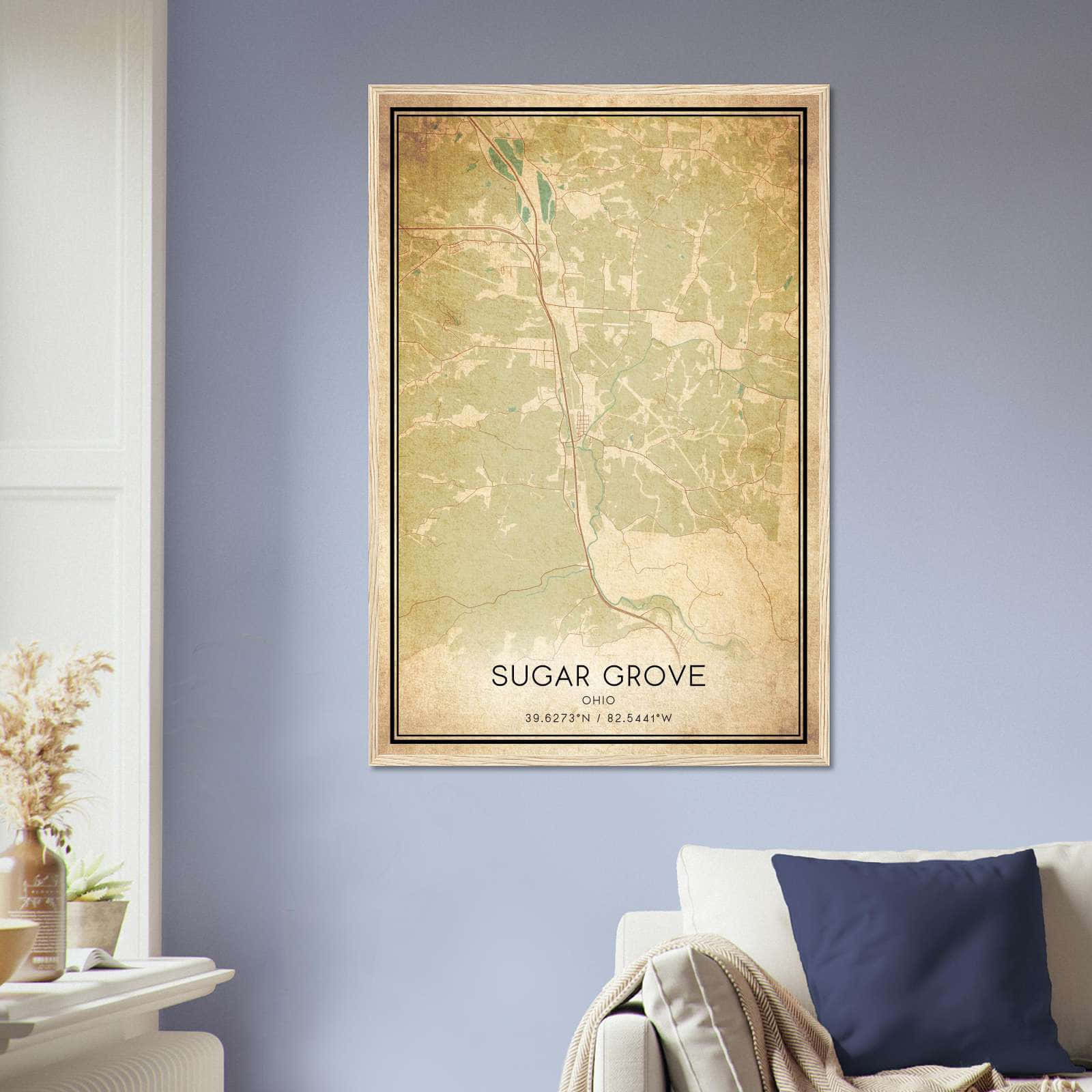 Vintage Sugar Grove Ohio Map Poster, Sugar Grove OH City Road Wall Art Print