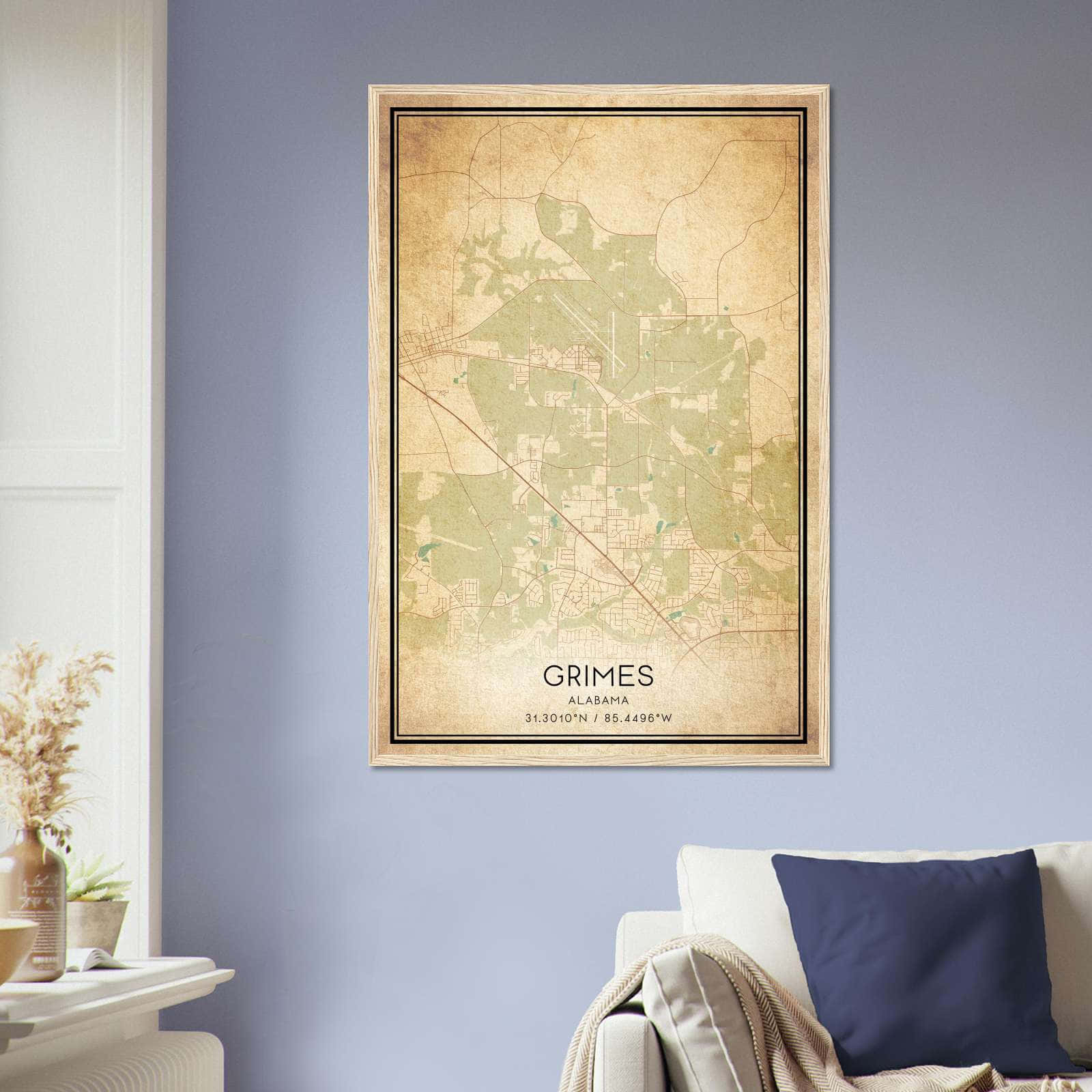 Vintage Grimes Alabama Map Poster, Grimes AL City Road Wall Art Print