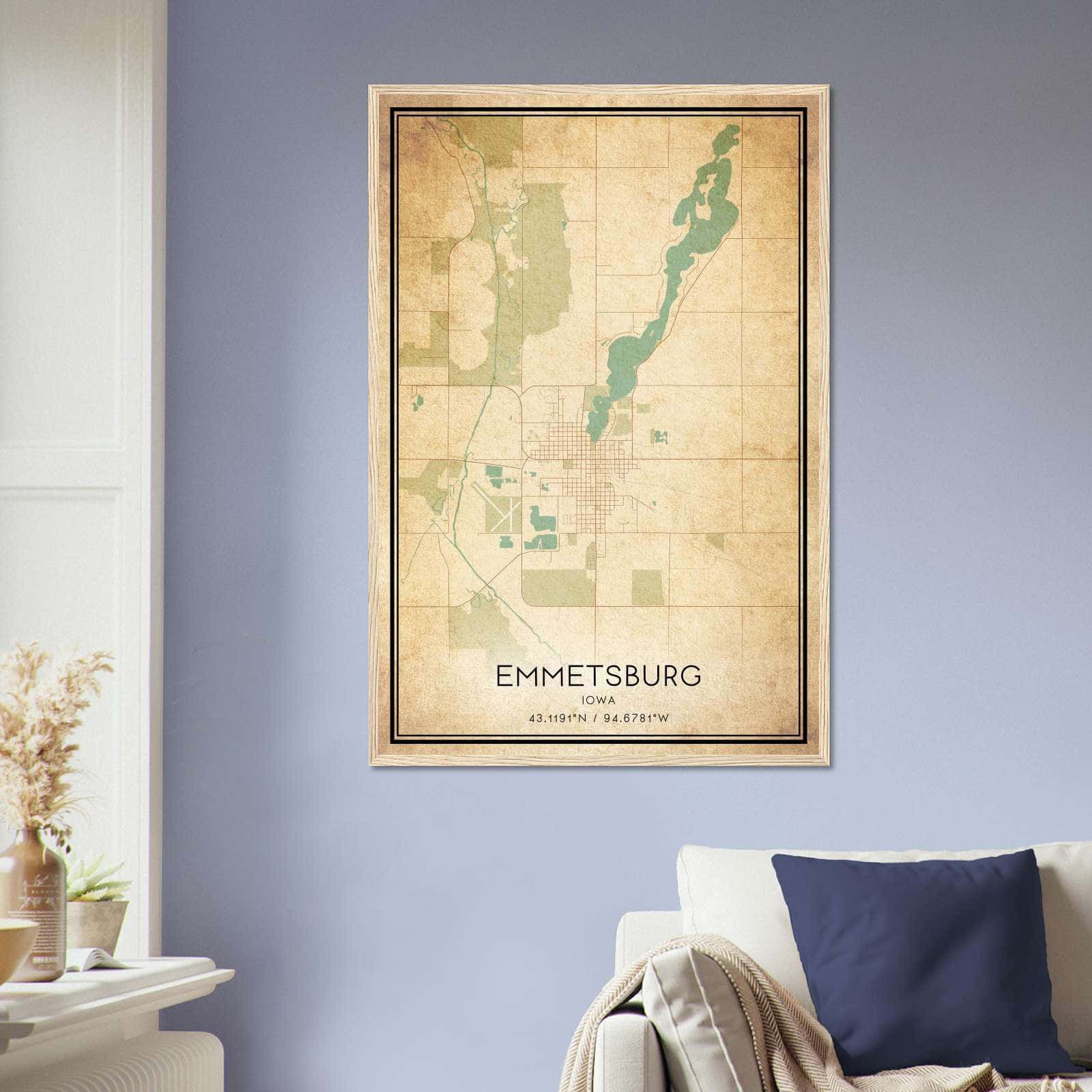 Vintage Emmetsburg Iowa Map Poster, Emmetsburg IA City Road Wall Art Print