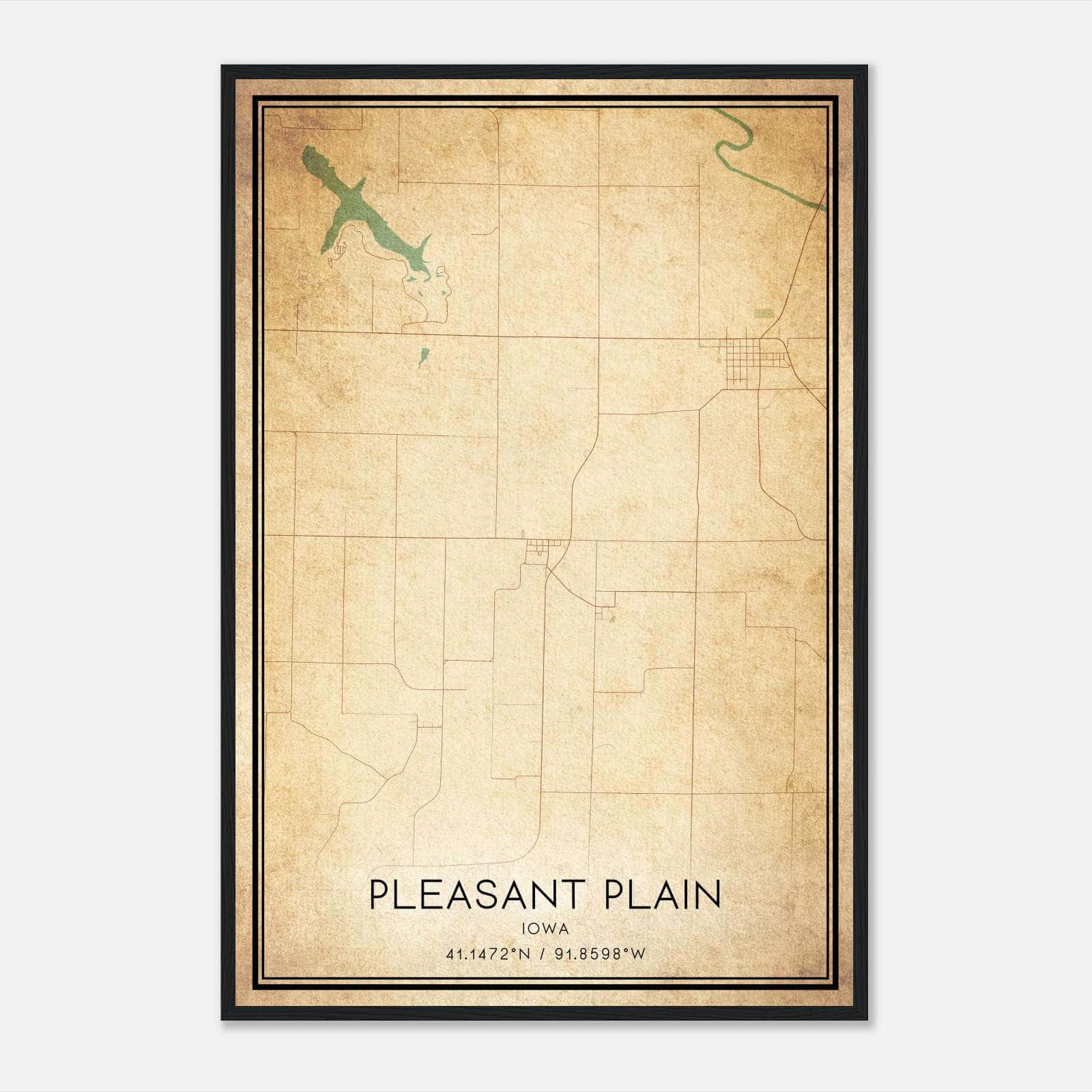 Vintage Pleasant Plain Iowa Map Poster, Pleasant Plain IA City Road Wall Art Print Vintage Pleasant Plain Iowa Map Poster, Pleasant Plain IA City Road Wall Art Print