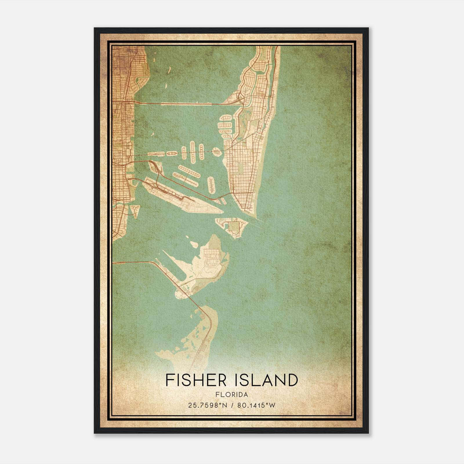 Vintage Fisher Island Florida Map Poster, Fisher Island FL City Road Wall Art Print Vintage Fisher Island Florida Map Poster, Fisher Island FL City Road Wall Art Print