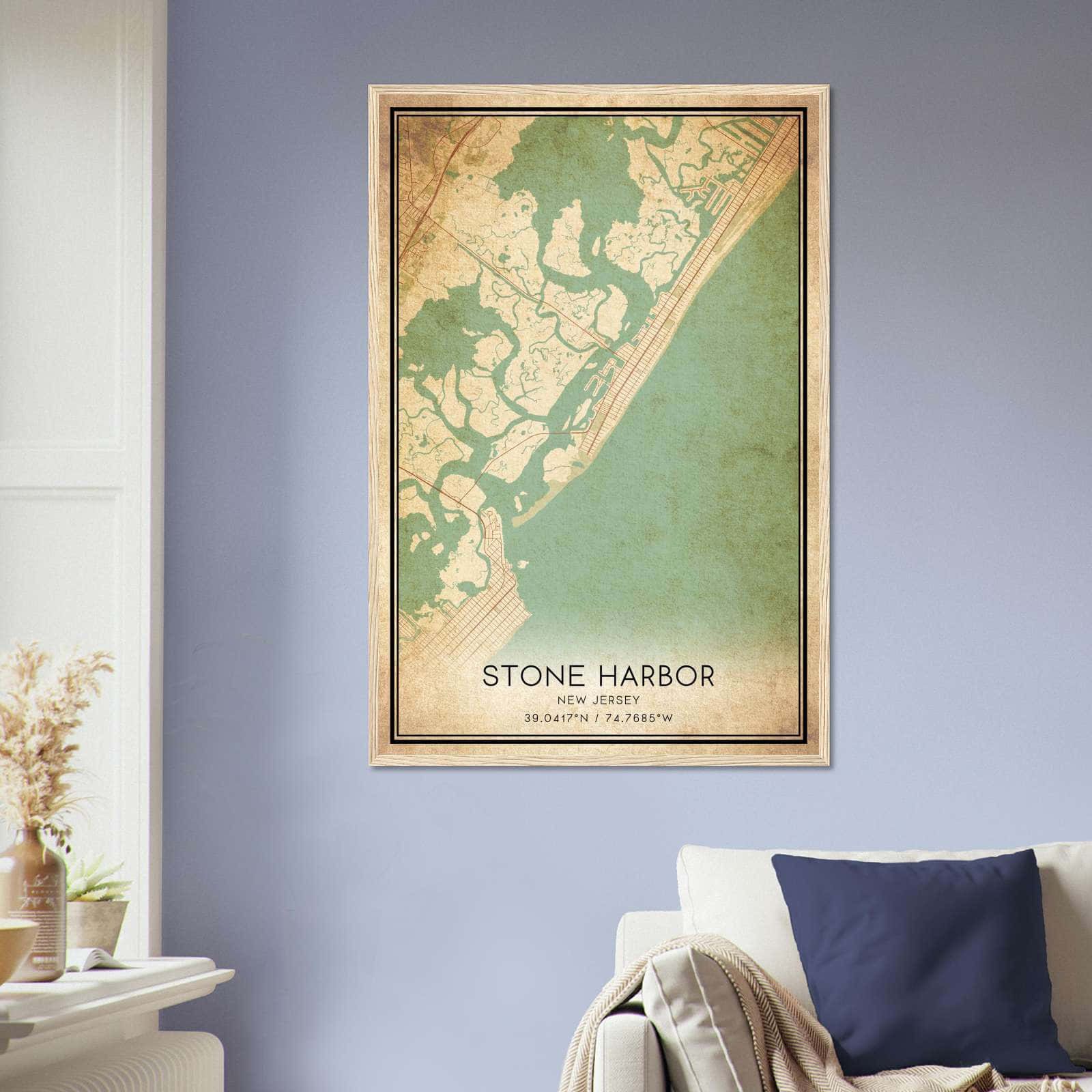 Vintage Stone Harbor New Jersey Map Poster, Stone Harbor NJ City Road Wall Art Print
