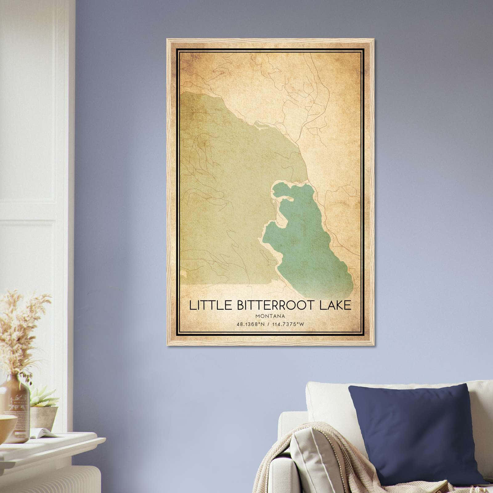 Vintage Little Bitterroot Lake Montana Map Poster, Little Bitterroot Lake MT City Road Wall Art Print