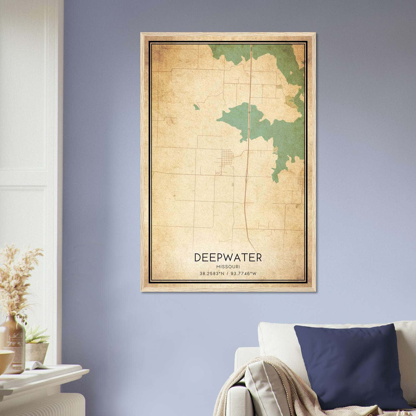 Vintage Deepwater Missouri Map Poster, Deepwater MO City Road Wall Art Print