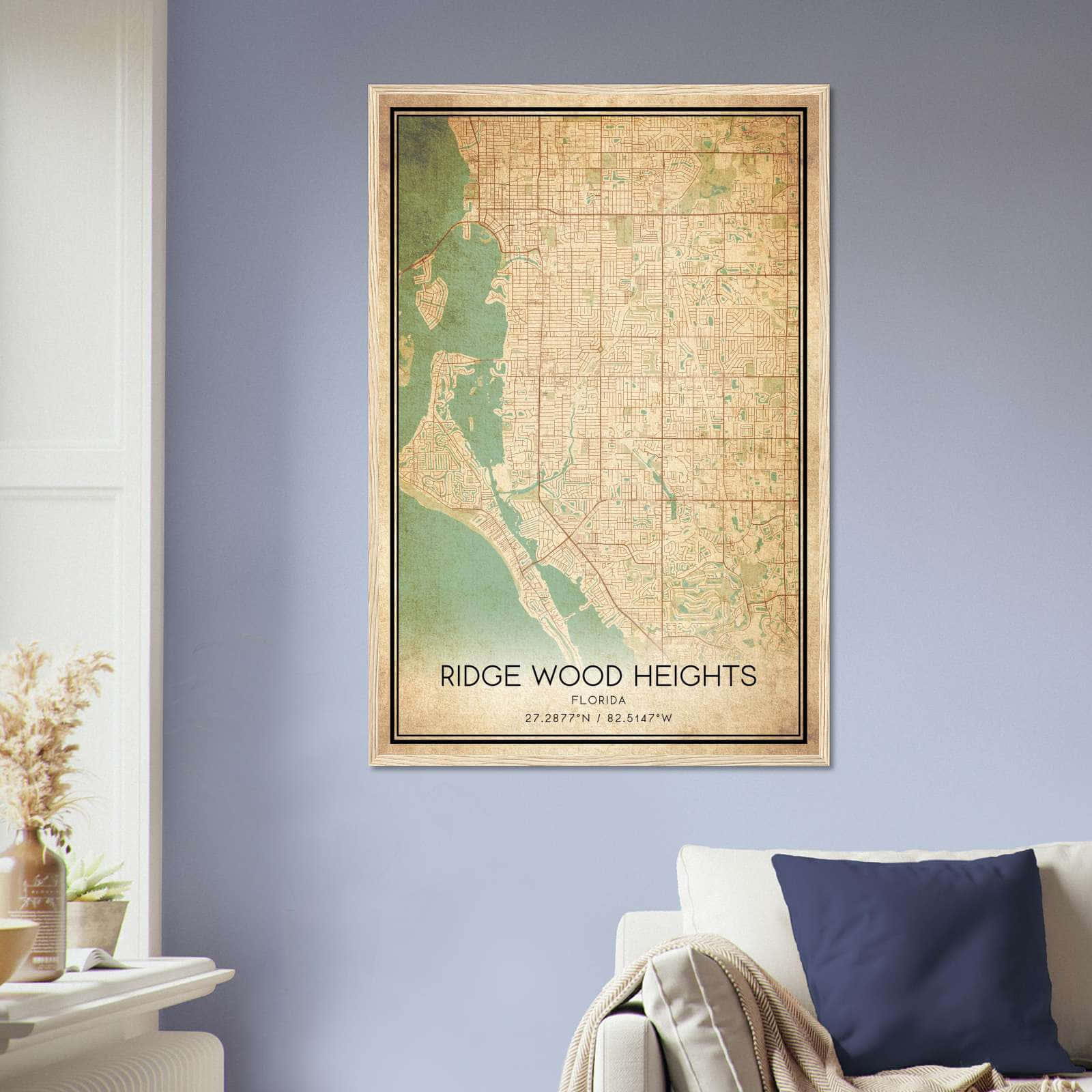 Vintage Ridge Wood Heights Florida Map Poster, Ridge Wood Heights FL City Road Wall Art Print