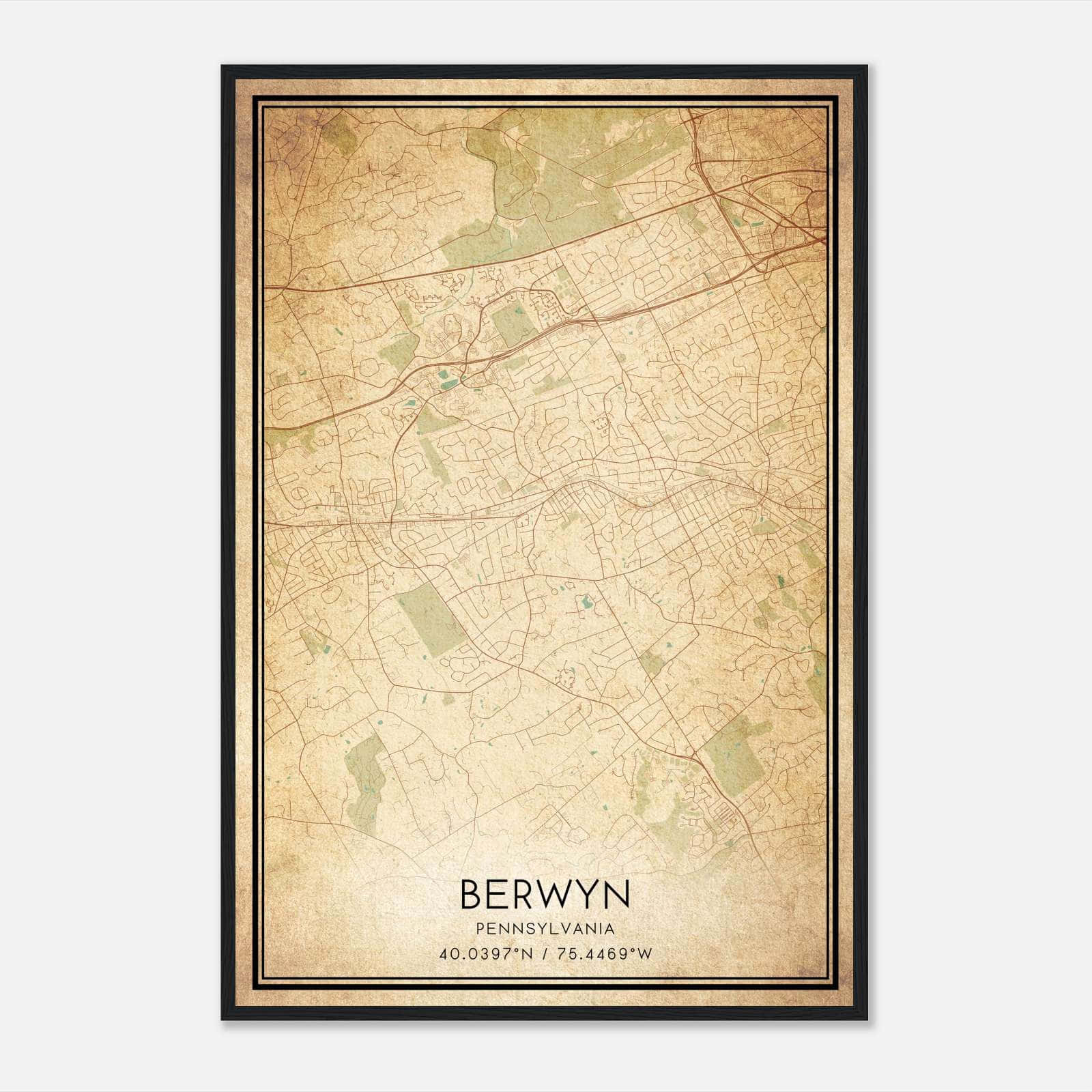 Vintage Berwyn Pennsylvania Map Poster, Berwyn PA City Road Wall Art Print Vintage Berwyn Pennsylvania Map Poster, Berwyn PA City Road Wall Art Print