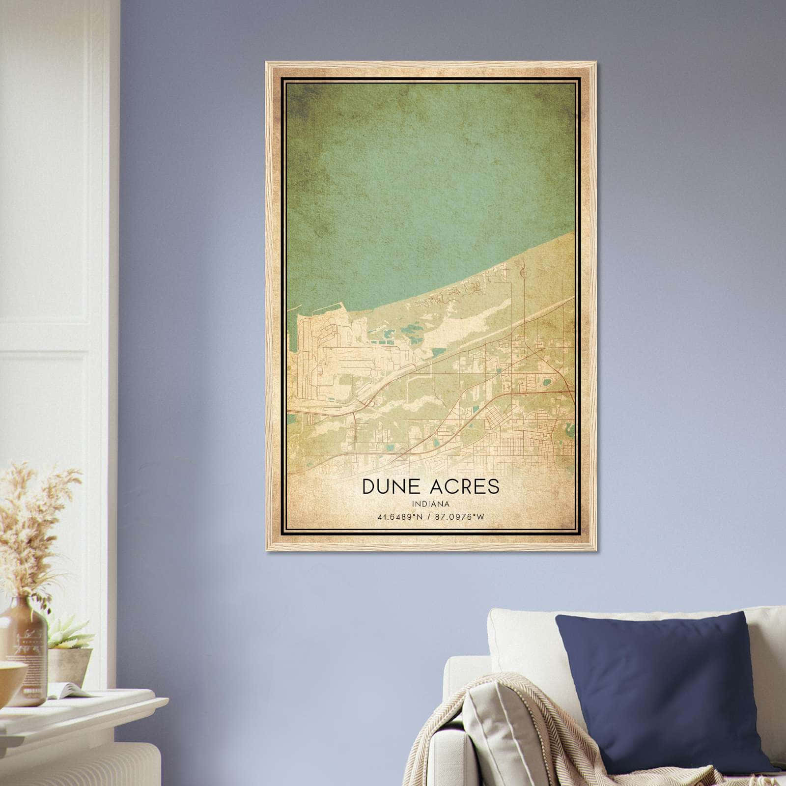 Vintage Dune Acres Indiana Map Poster, Dune Acres IN City Road Wall Art Print