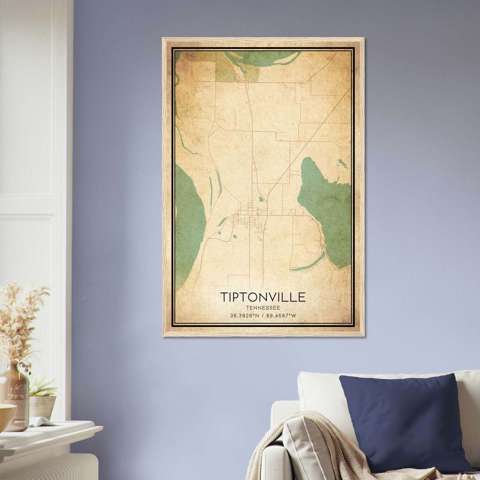 Vintage Tiptonville Tennessee Map Poster, Tiptonville TN City Road Wall Art Print