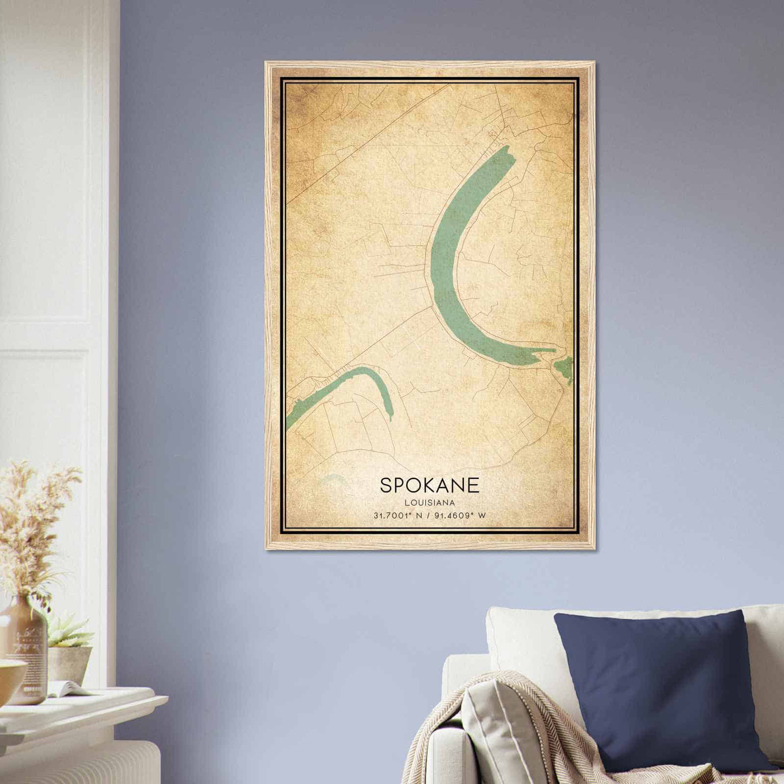 Vintage Spokane Louisiana Map Poster, Spokane LA City Road Wall Art Print