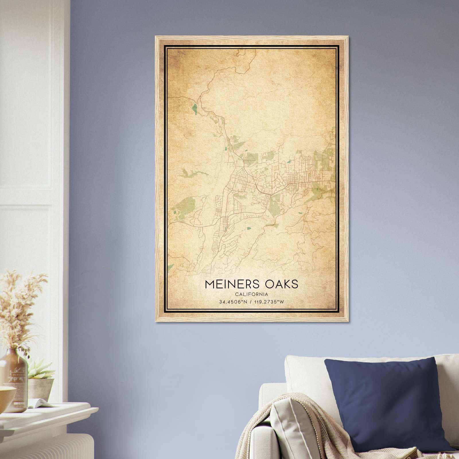 Vintage Meiners Oaks California Map Poster, Meiners Oaks CA City Road Wall Art Print