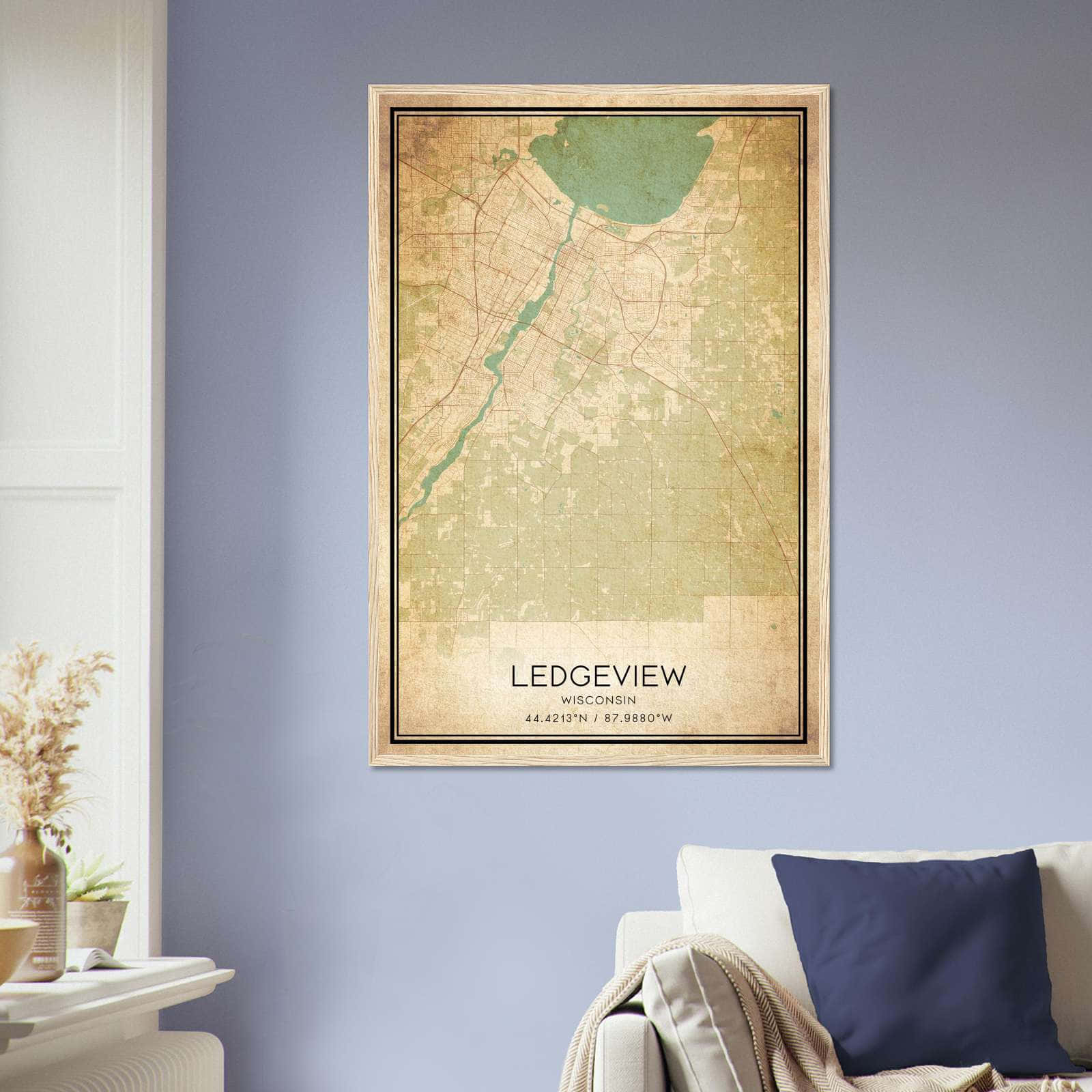 Vintage Ledgeview Wisconsin Map Poster, Ledgeview WI City Road Wall Art Print