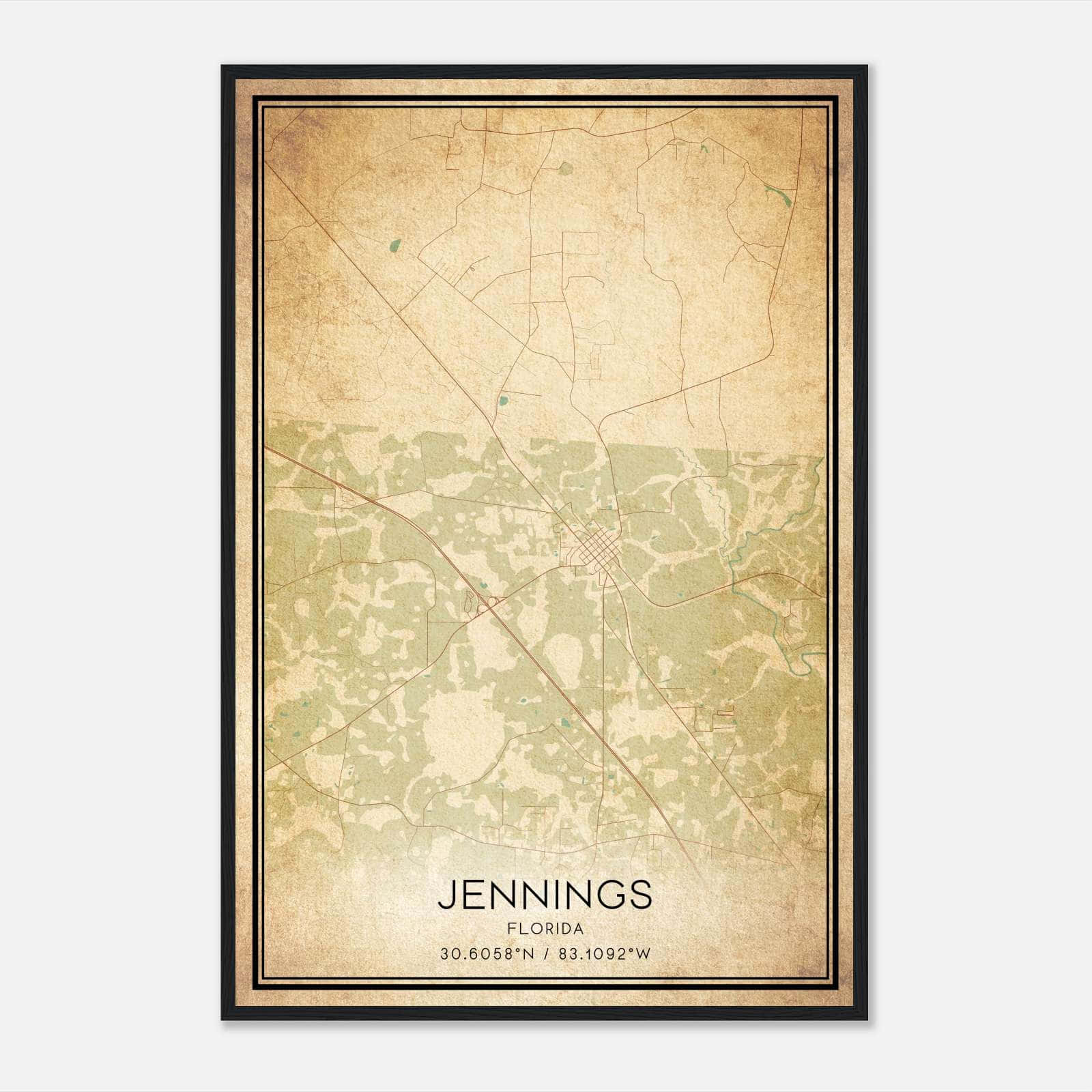Vintage Jennings Florida Map Poster, Jennings FL City Road Wall Art Print Vintage Jennings Florida Map Poster, Jennings FL City Road Wall Art Print
